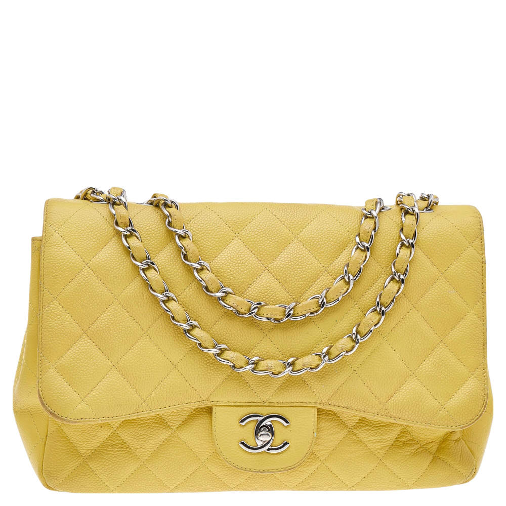 Pre Owned Chanel Yellow Quilted Caviar Leather Jumbo Classic Single Flap Bag