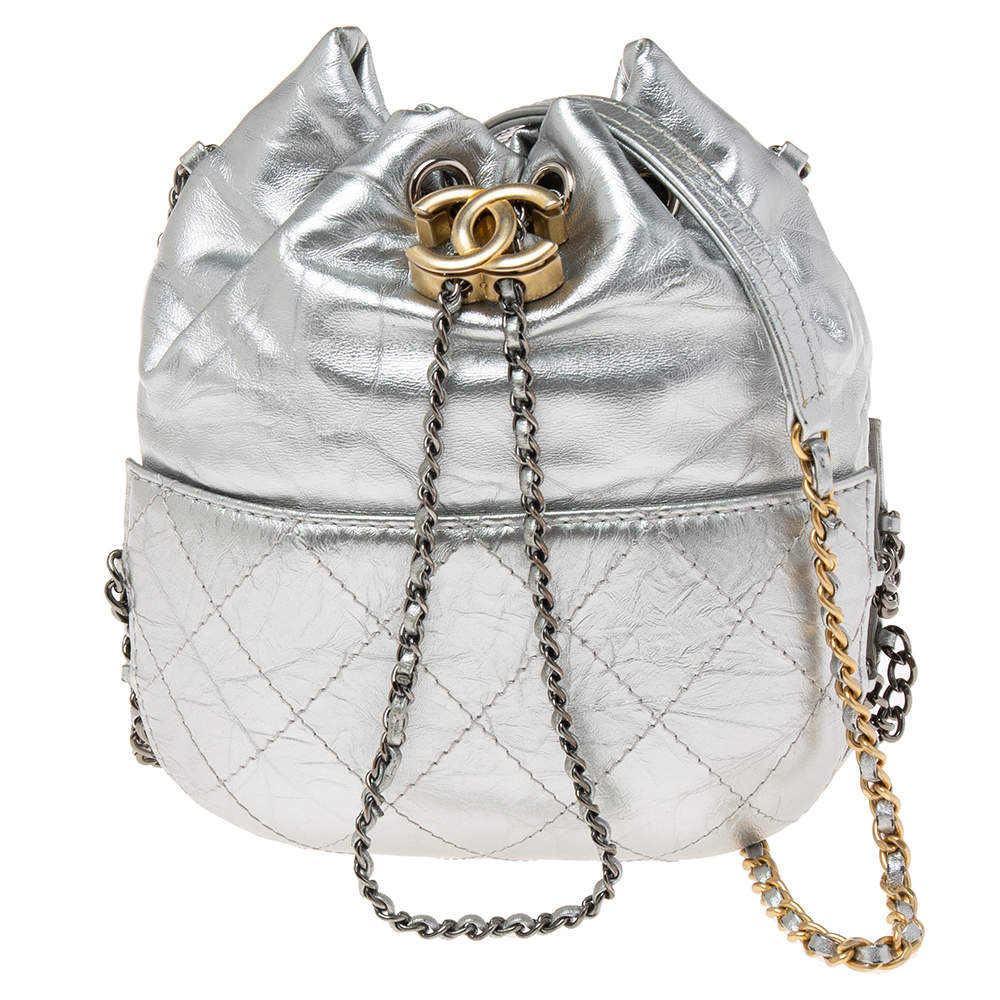Pre Owned Chanel Silver Quilted Leather Small Gabrielle Bucket Bag