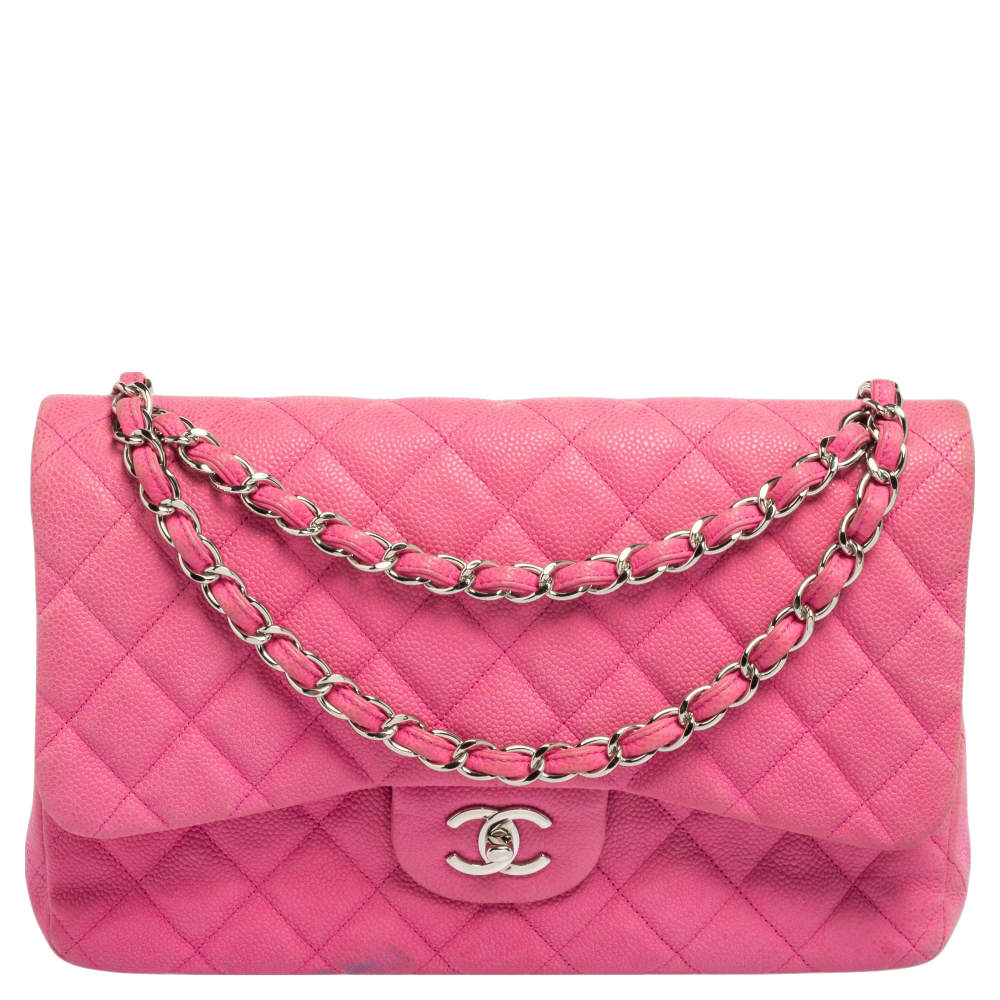 Pre Owned Chanel Pink Quilted Caviar Leather Jumbo Classic Double Flap Bag
