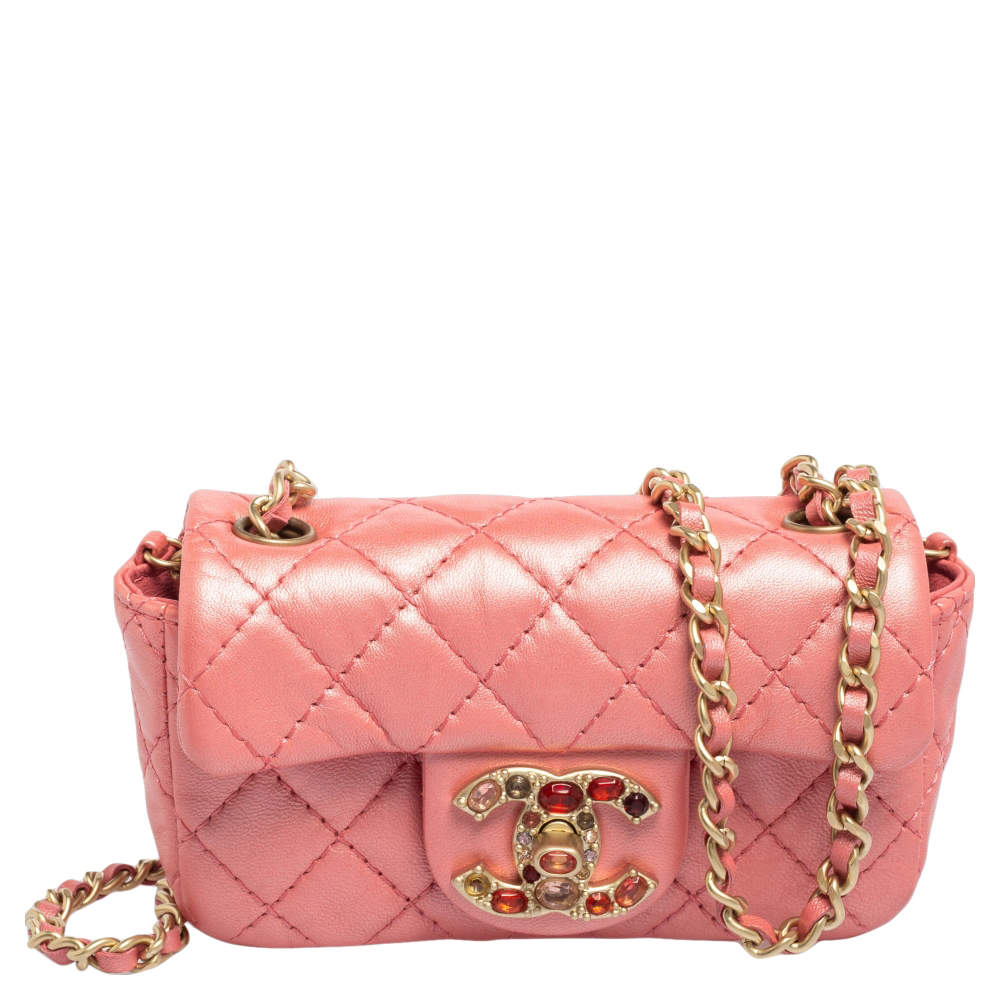 Chanel Pink Quilted Leather Jeweled CC Mini Single Flap Bag Chanel ...