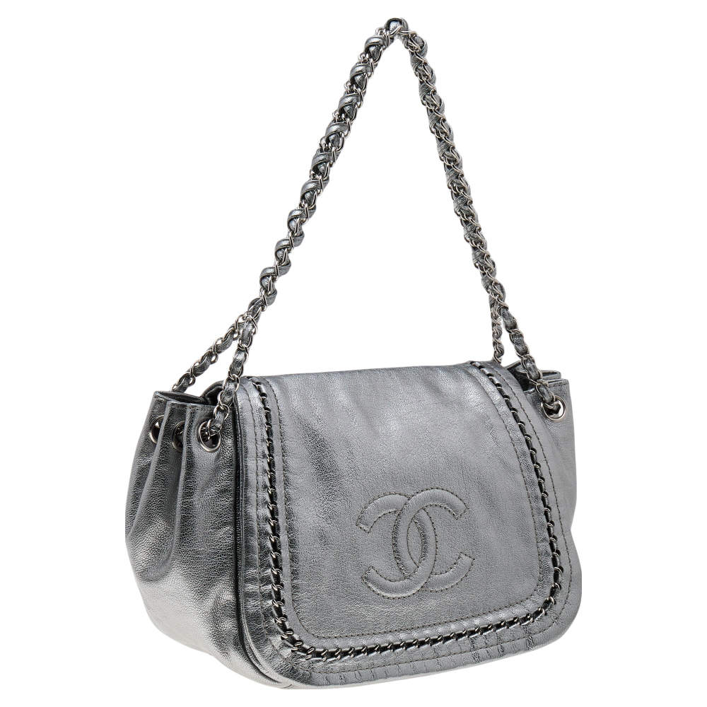Chanel Luxe Ligne Accordion Flap Bag Leather Silver 497214