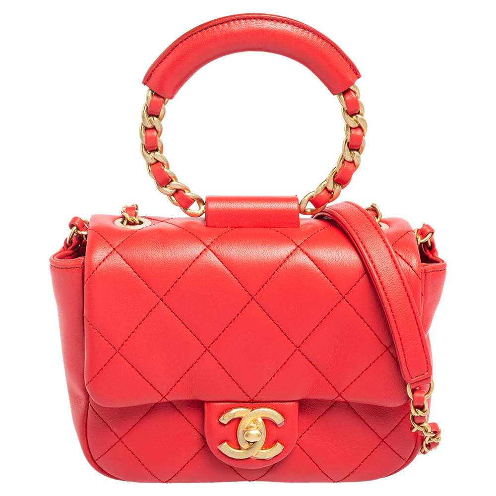 Pre Owned Chanel Coral Red Quilted Leather Small Circular Top Handle Bag
