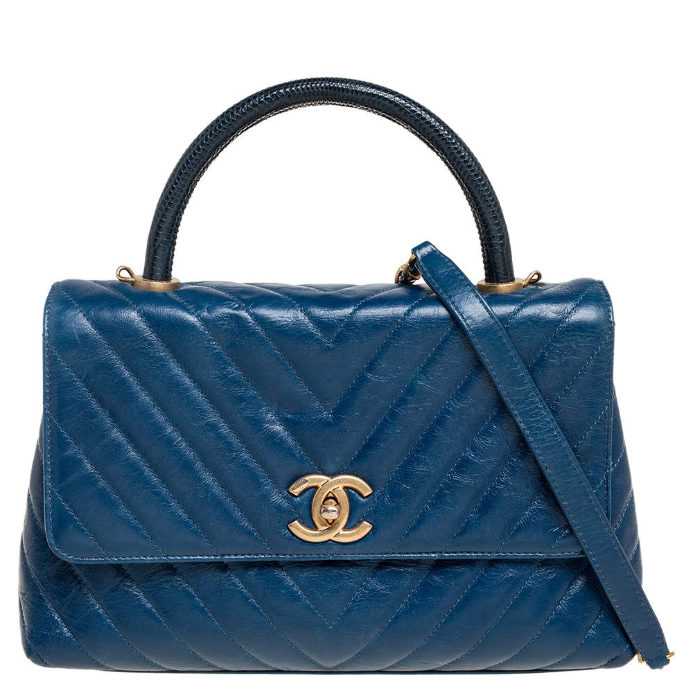 Pre Owned Chanel Blue Crinkled Leather Small Coco Top Handle Bag