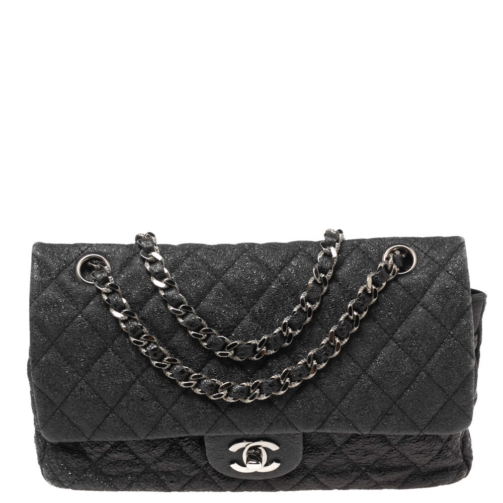 Pre Owned Chanel Black Crinkled Leather Medium Classic Double Flap Bag 