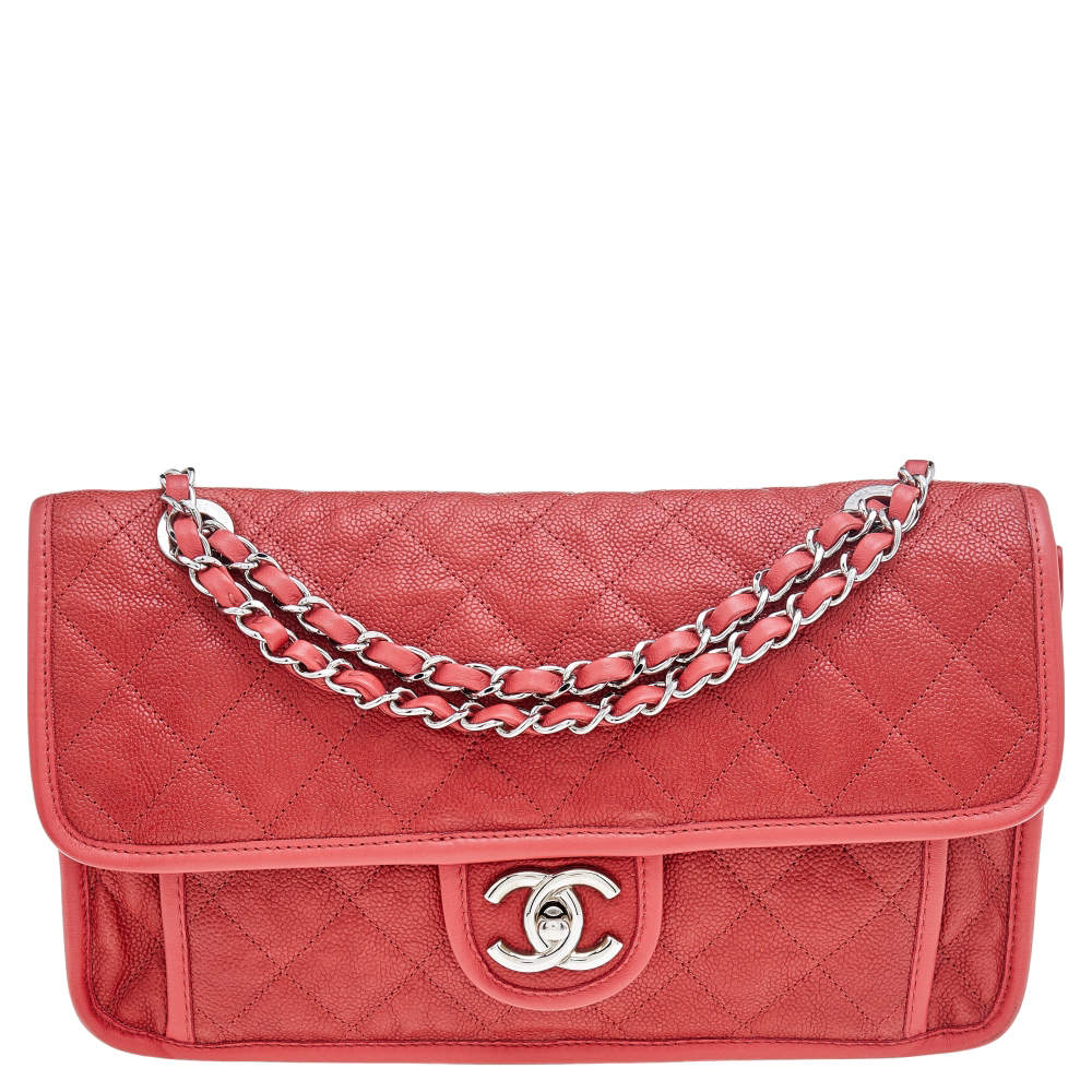 Pre Owned Chanel Orange Caviar Quilted Leather CC French Riviera Flap Bag