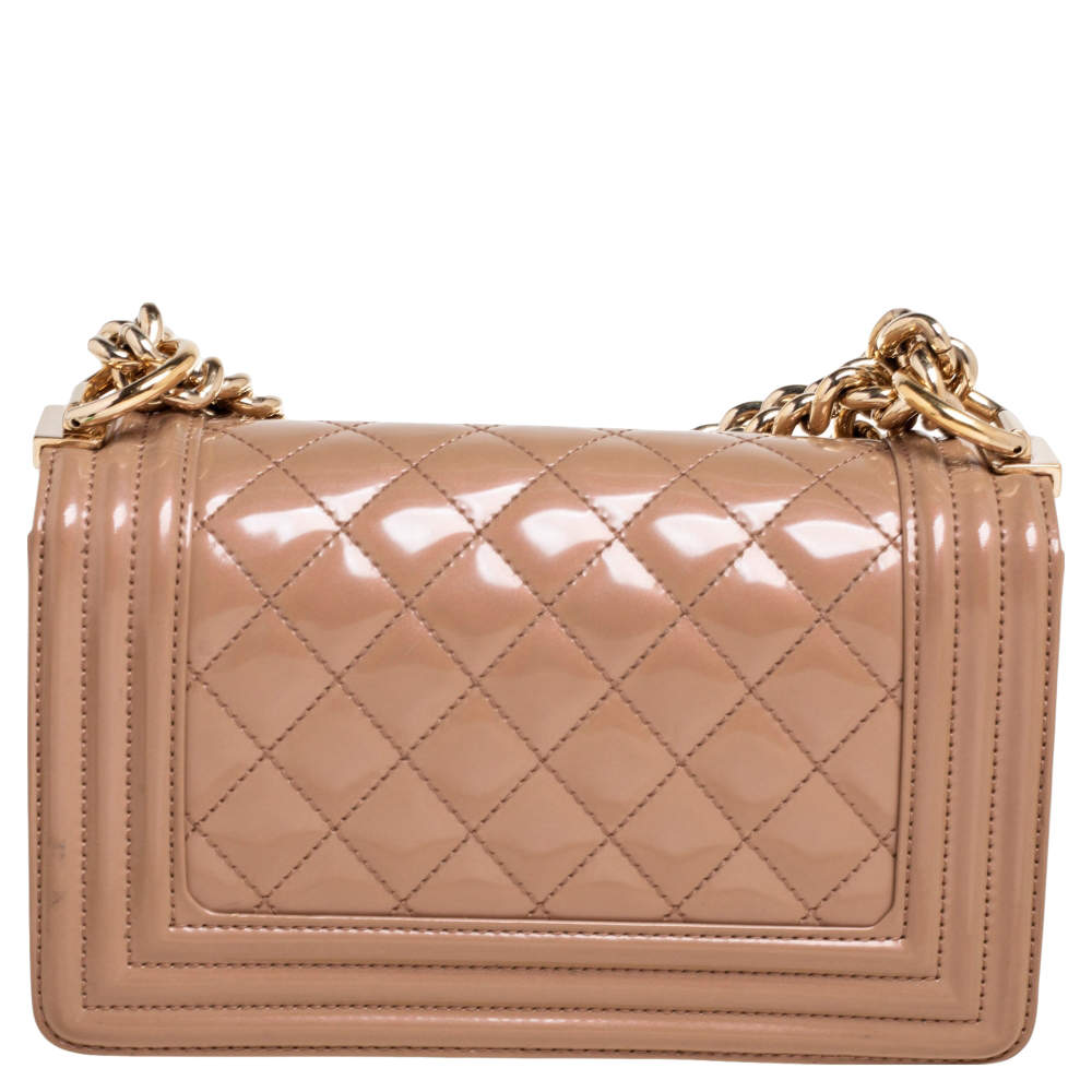 Chanel Metallic Beige Quilted Patent Leather Small Boy Flap Bag Chanel