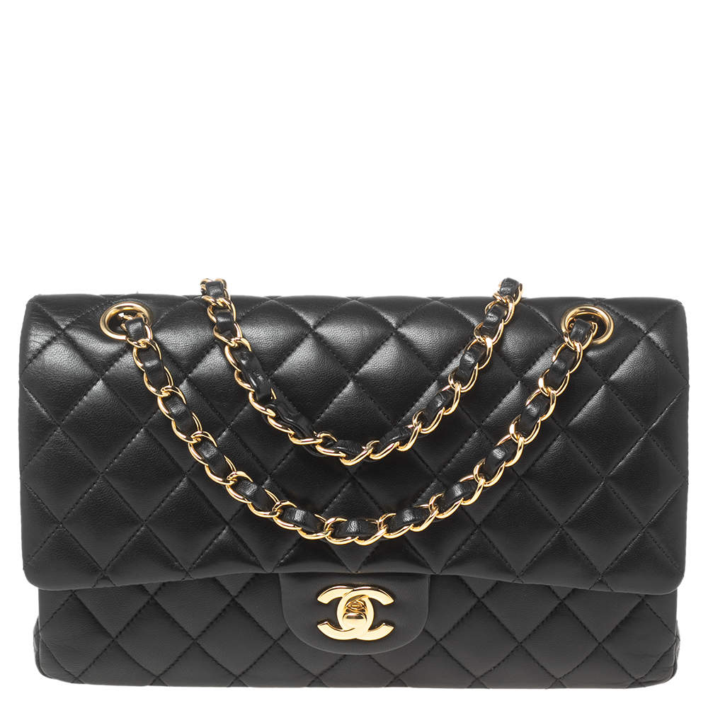 Pre Owned حقيبة شانيل كلاسيك جلد مبطن أسود بقلاب مزدوج متوسطة