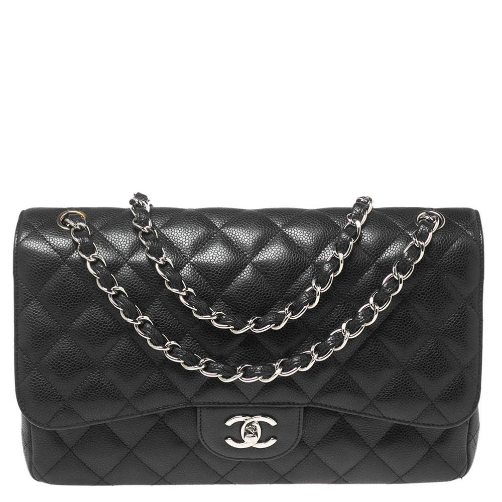 Pre Owned حقيبة شانيل "جامبو كلاسيك" جلد كافيار مبطن أسود بقلاب مزدوج 