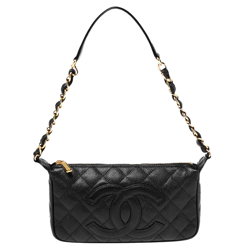 Pre Owned Chanel Black Quilted Caviar Leather CC Timeless Pochette Bag