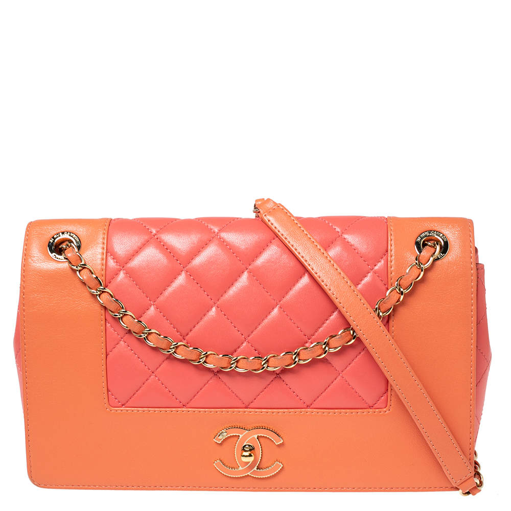 Chanel Orange/Pink Quilted Leather Classic Mademoiselle Vintage Flap Bag