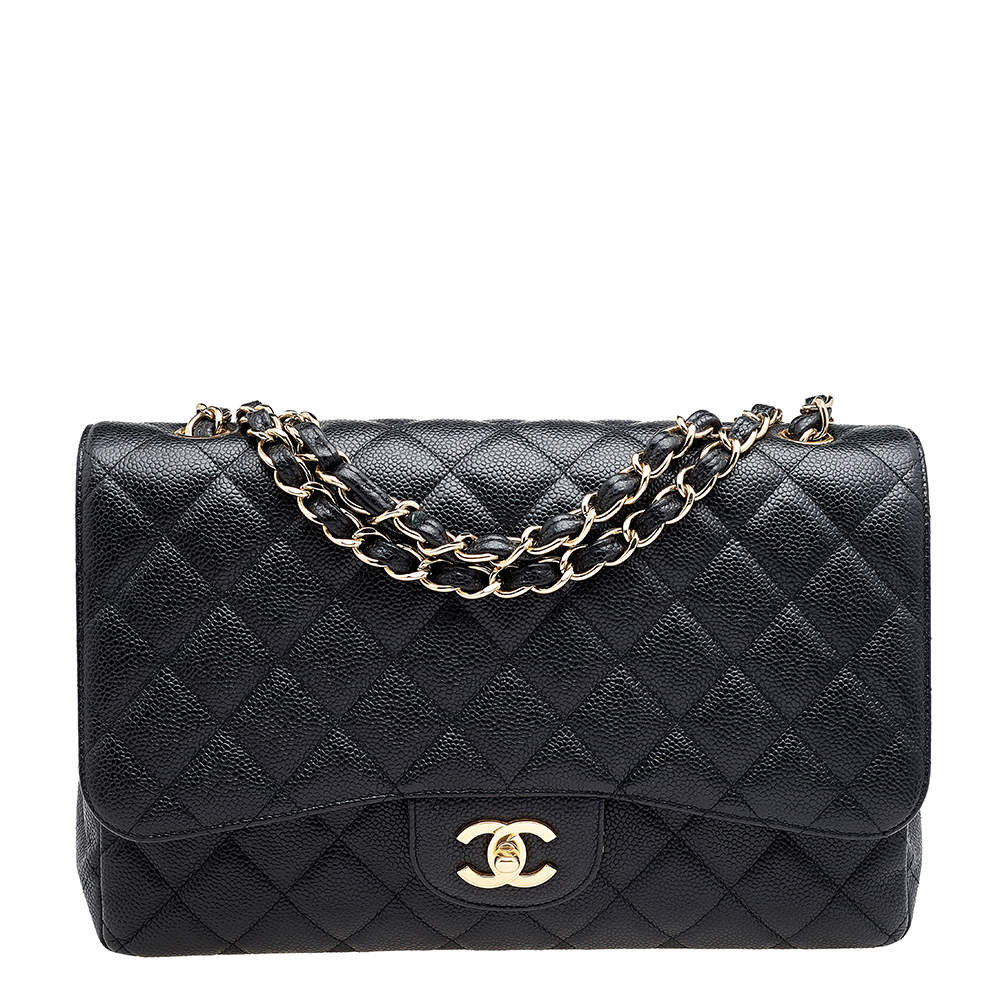 مملوكة مسبقًا Chanel Black Quilted Caviar Leather Jumbo Classic Single Flap Bag