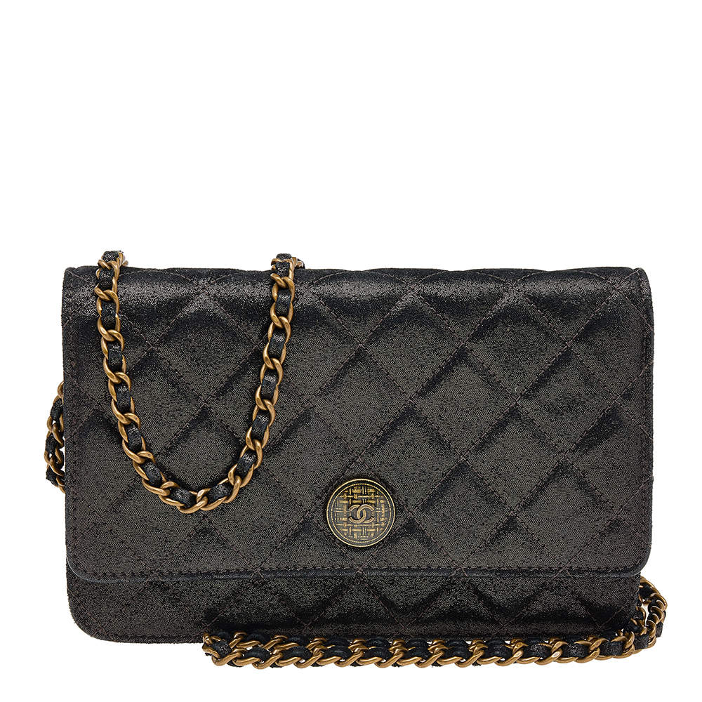 Chanel Metallic Black Iridescent Canvas Edinburgh Wallet On Chain
