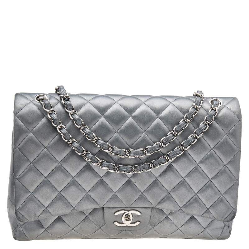 Chanel Metallic Silver Quilted Caviar Leather Casual Rock Single