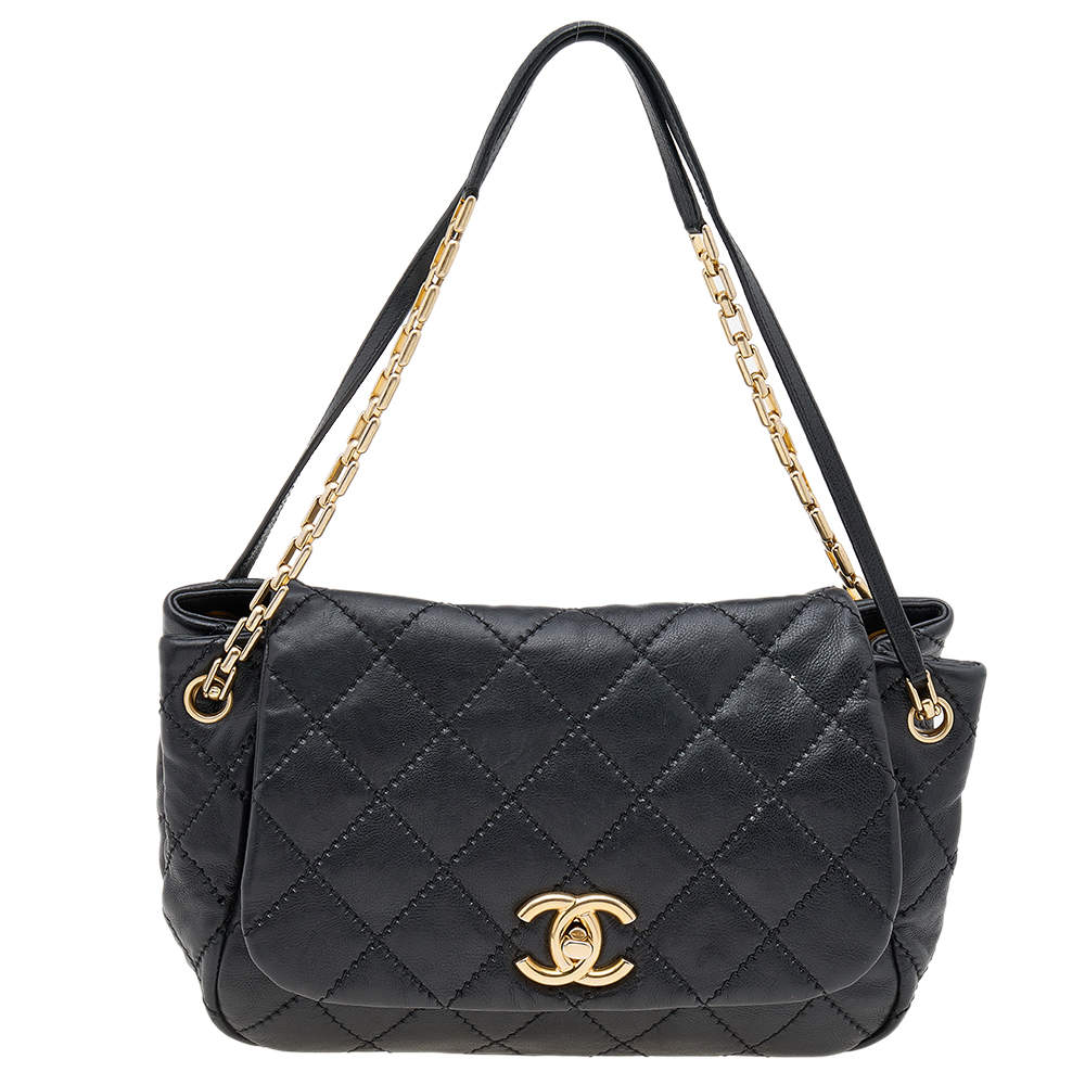 Authentic Chanel Black Calfskin Quilted Small CC Logo Chain Accordion Tote  Bag