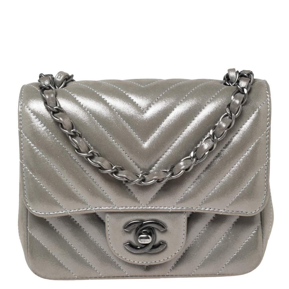 Chanel Grey Shimmer Chevron Suede Mini CC Square Flap Bag Chanel | The ...