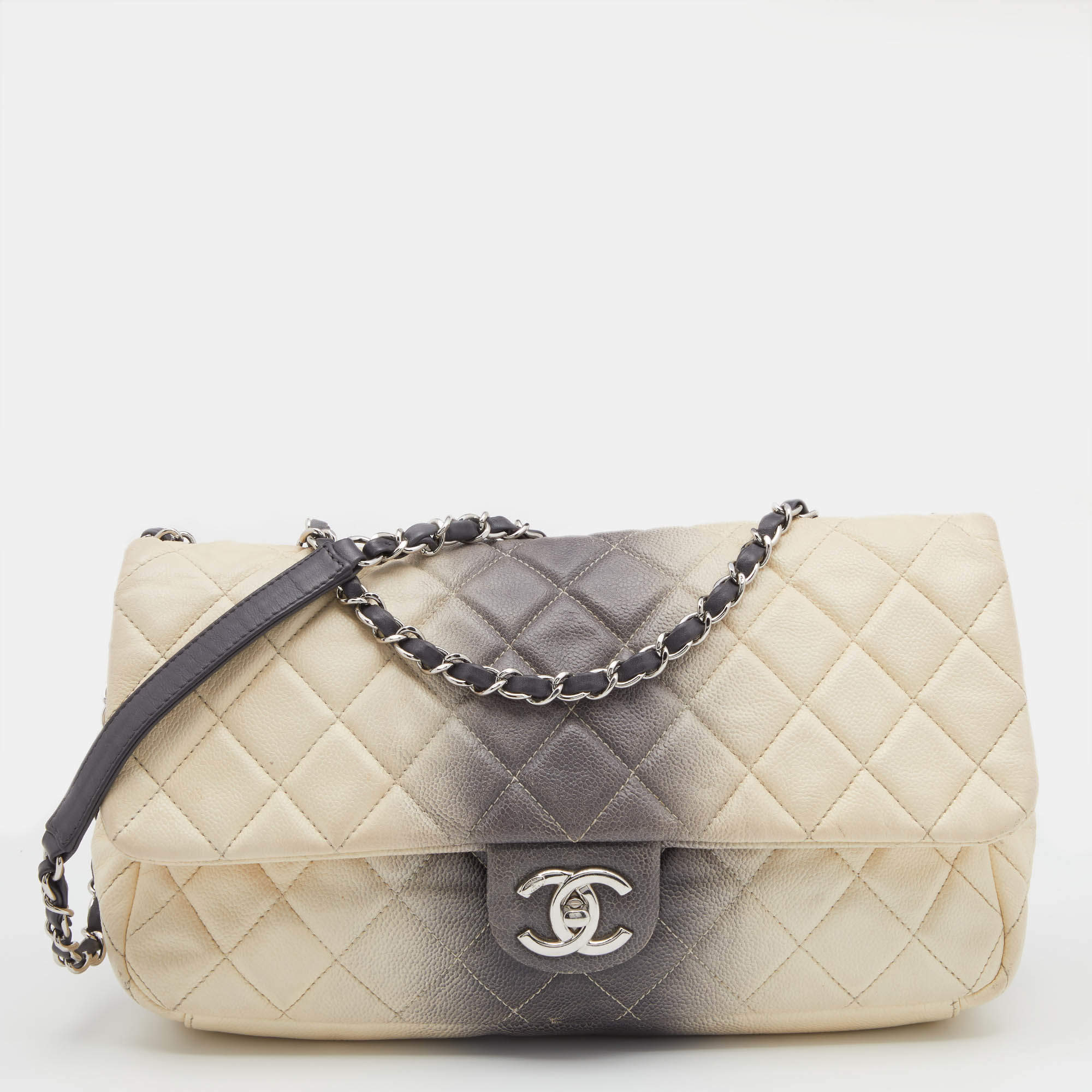 Chanel Cream/Grey Ombre Quilted Caviar Leather Jumbo Classic Single Flap Bag