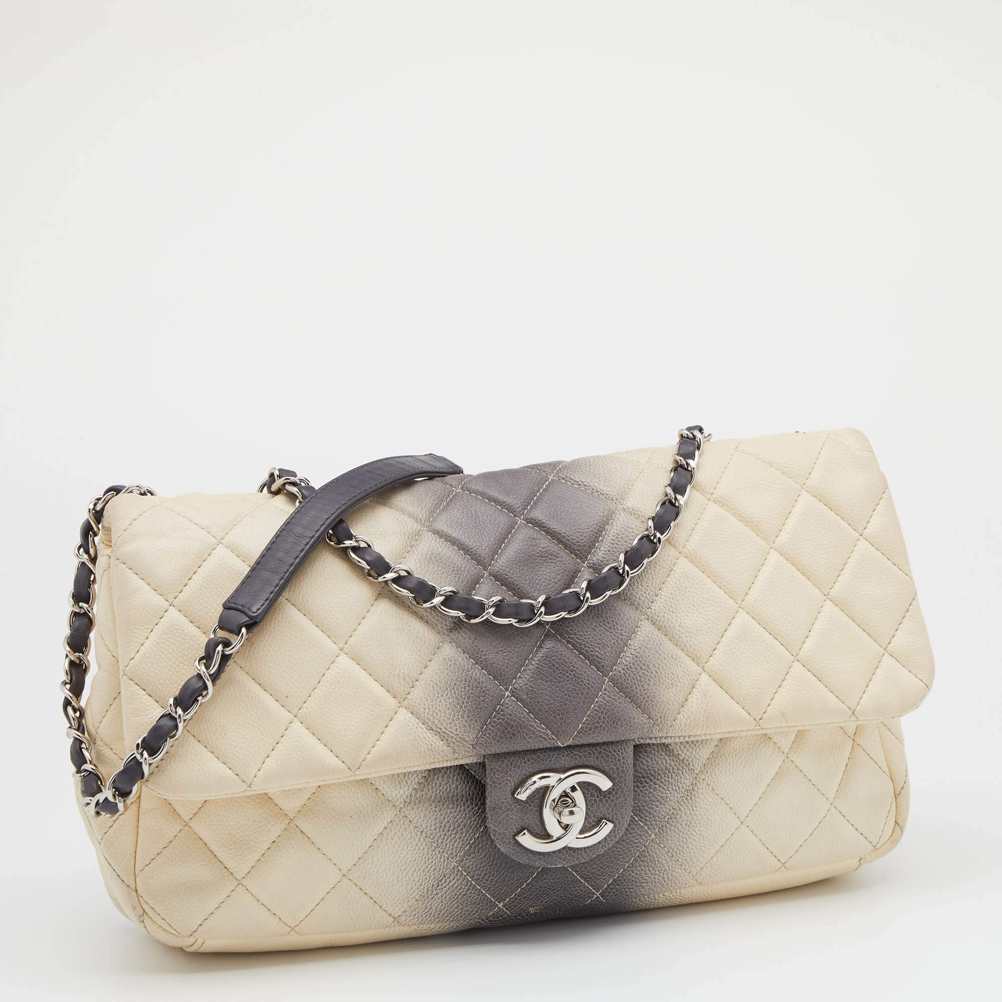 Chanel Cream/Grey Ombre Quilted Caviar Leather Jumbo Classic Single Flap Bag
