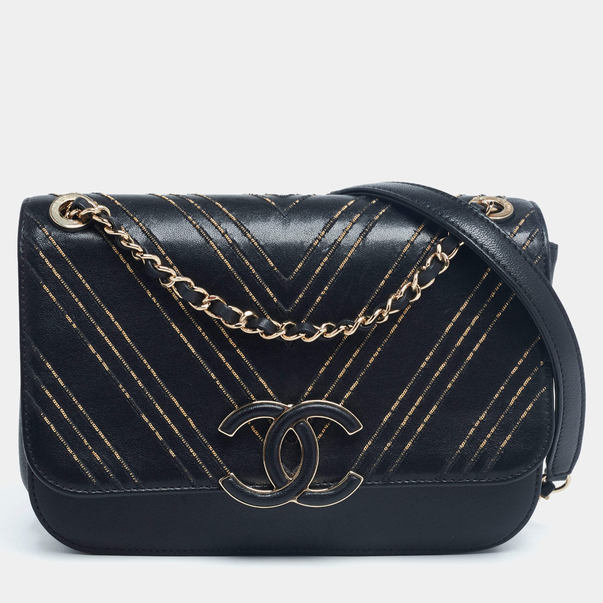 Chanel Black/Gold Chevron Leather CC Subtle Flap Bag Chanel