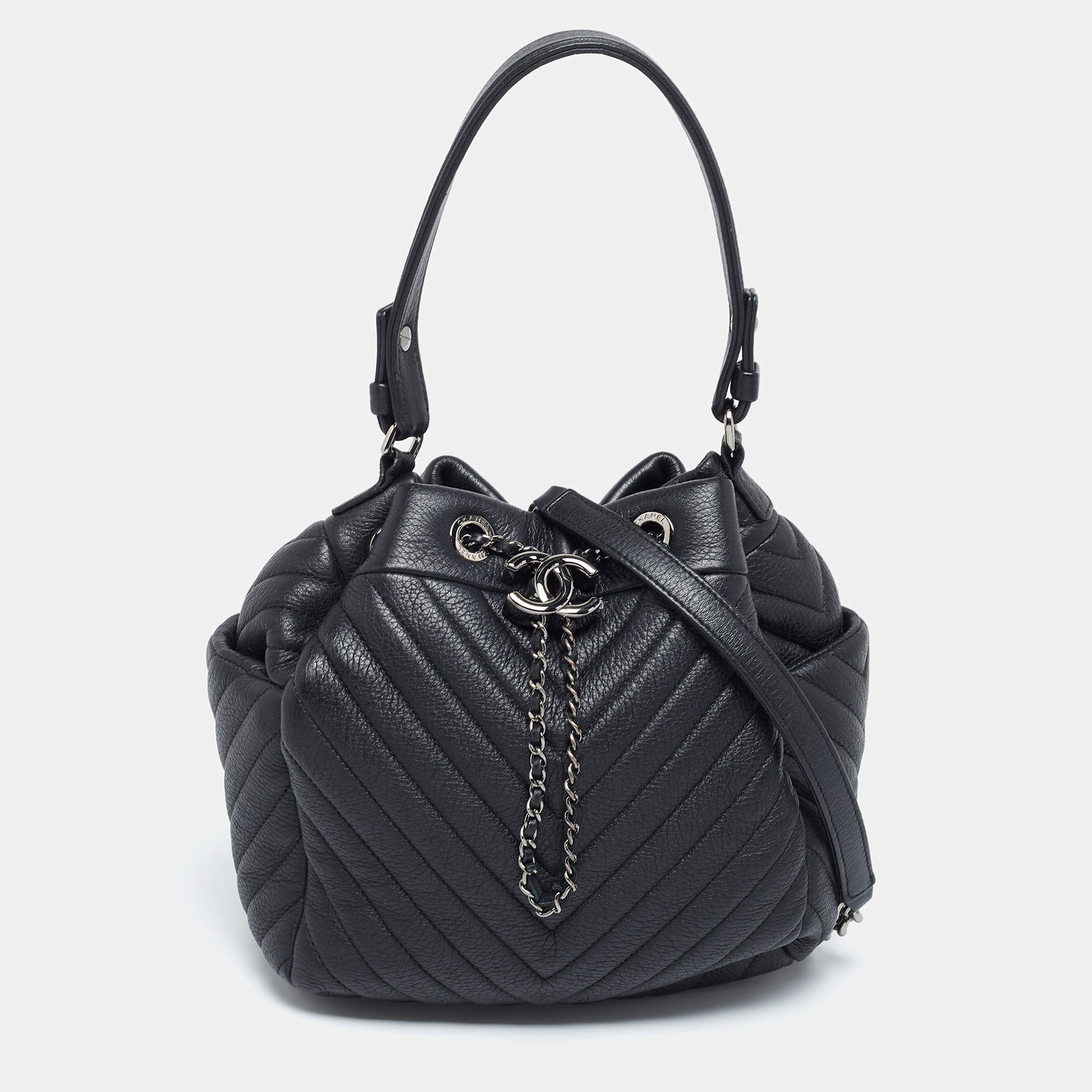 Pre Owned Chanel Black Chevron Leather Small Urban Spirit Bucket Bag