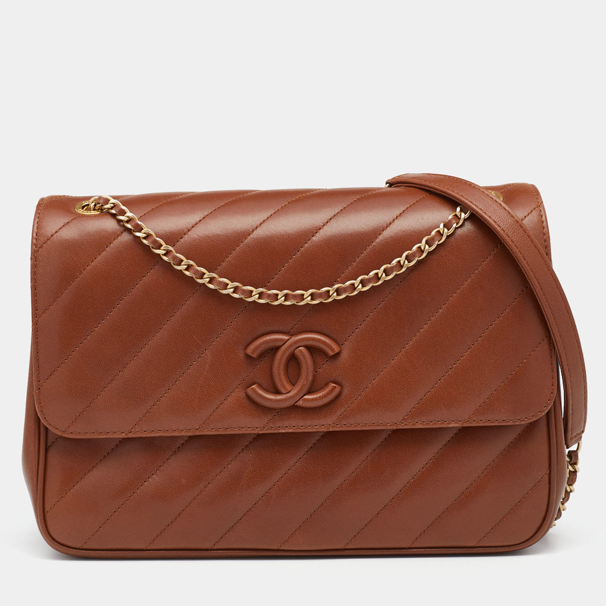 Pre Owned Chanel Brown Diagonal Quilted Leather Jumbo Coco Flap Bag