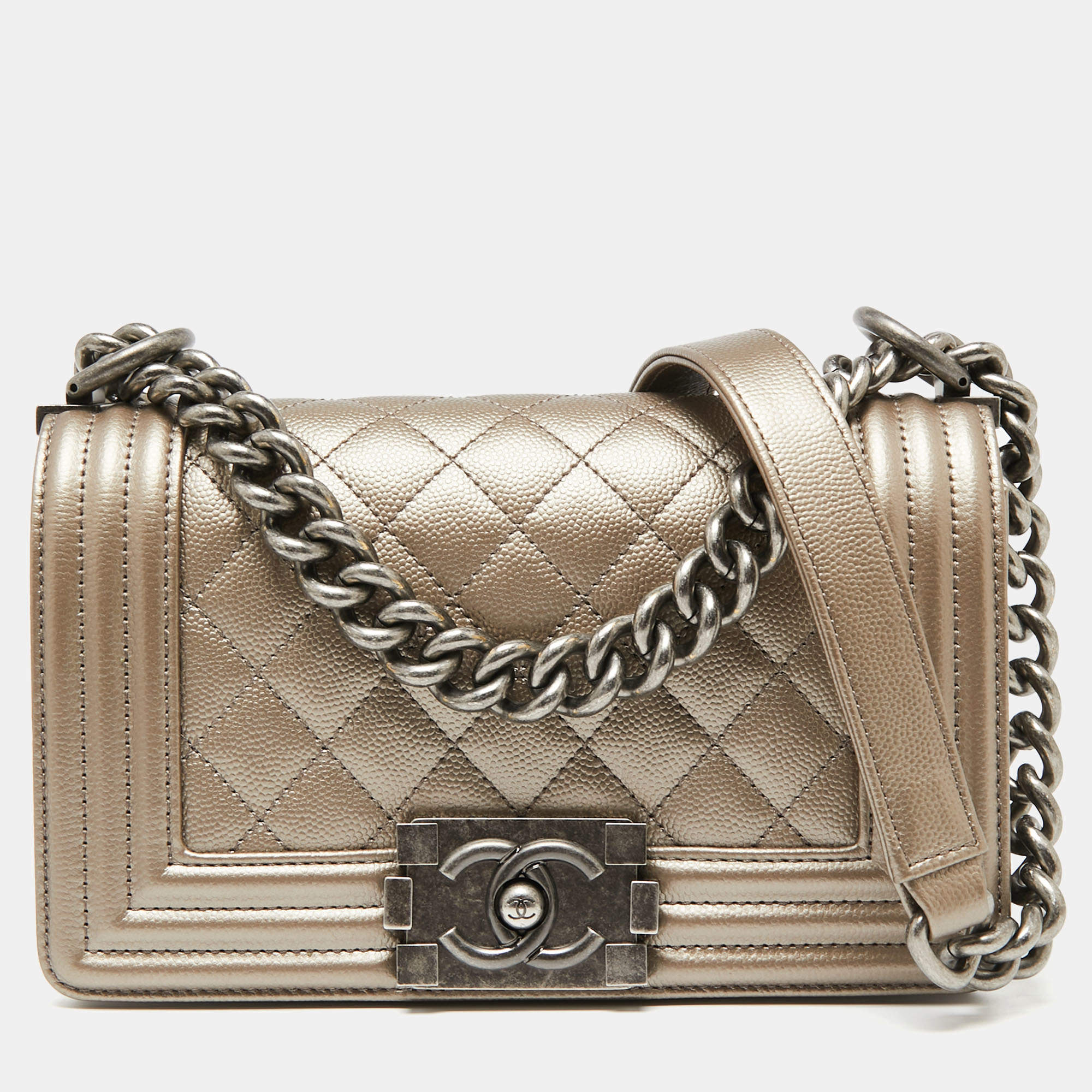 Pre Owned Chanel Metallic Beige Quilted Caviar Leather Small Boy Flap Bag