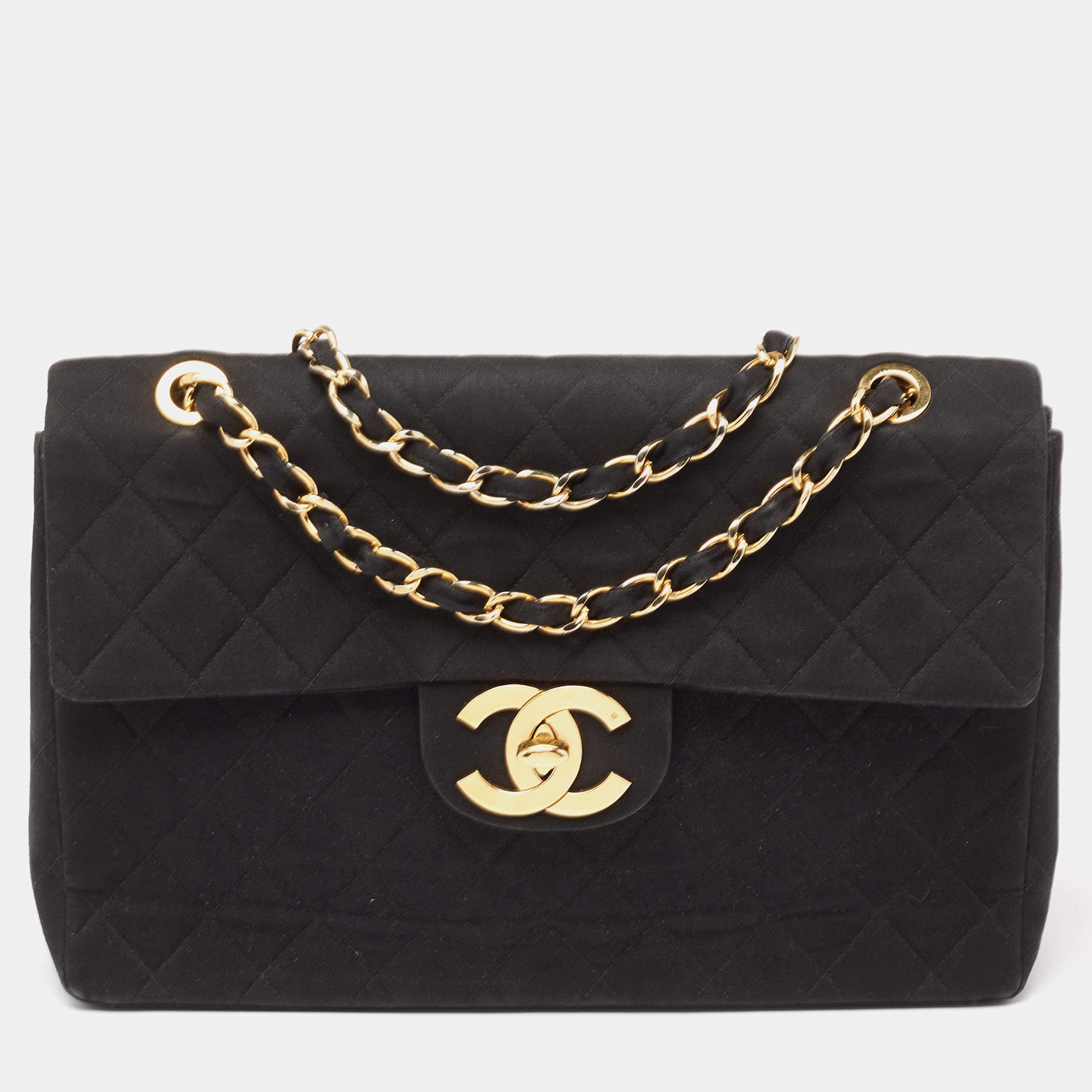 Pre Owned Chanel Black Quilted Fabric Vintage Maxi Classic Single Flap Bag