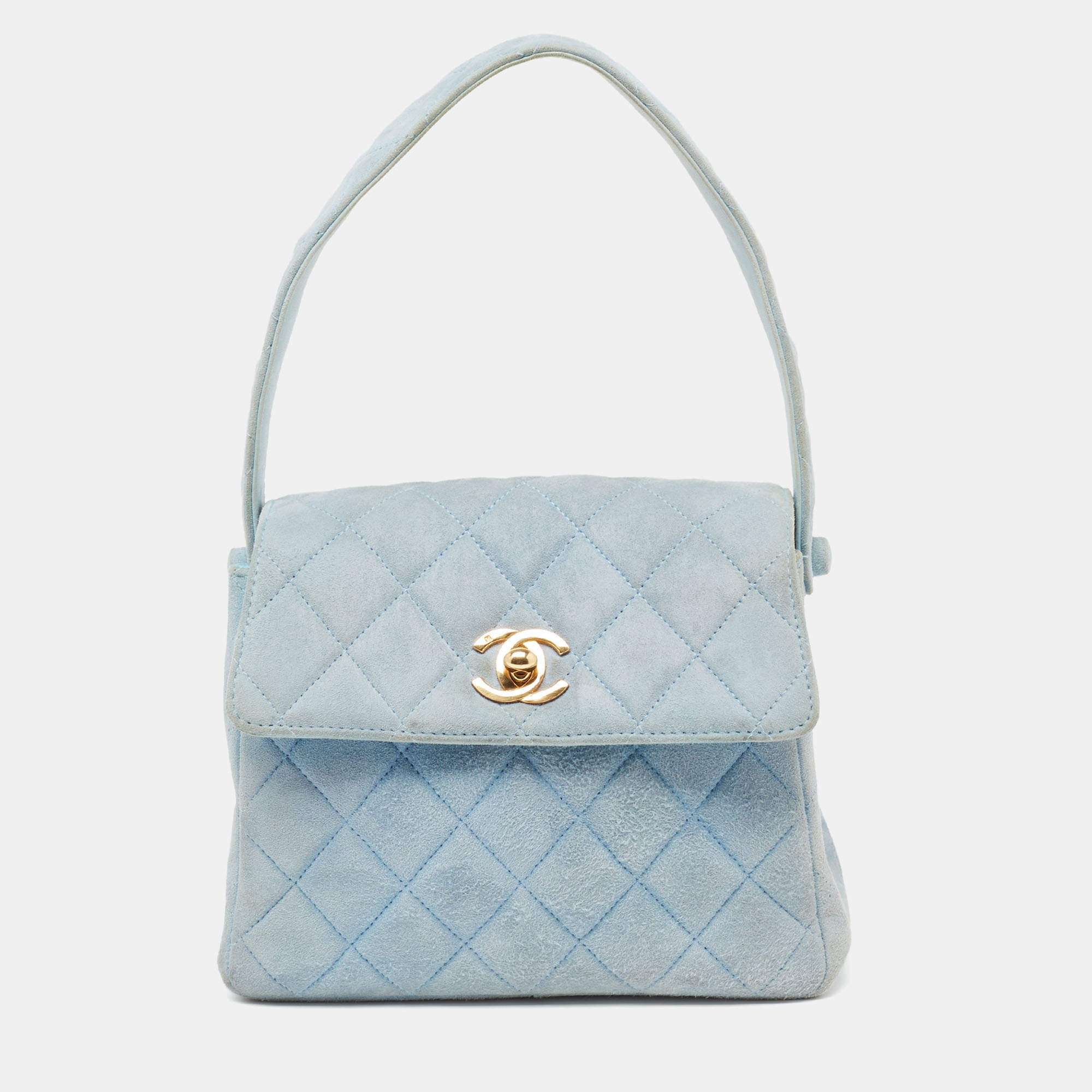 Pre Owned Chanel Light Blue Quilted Suede Vintage Mini Flap Bag