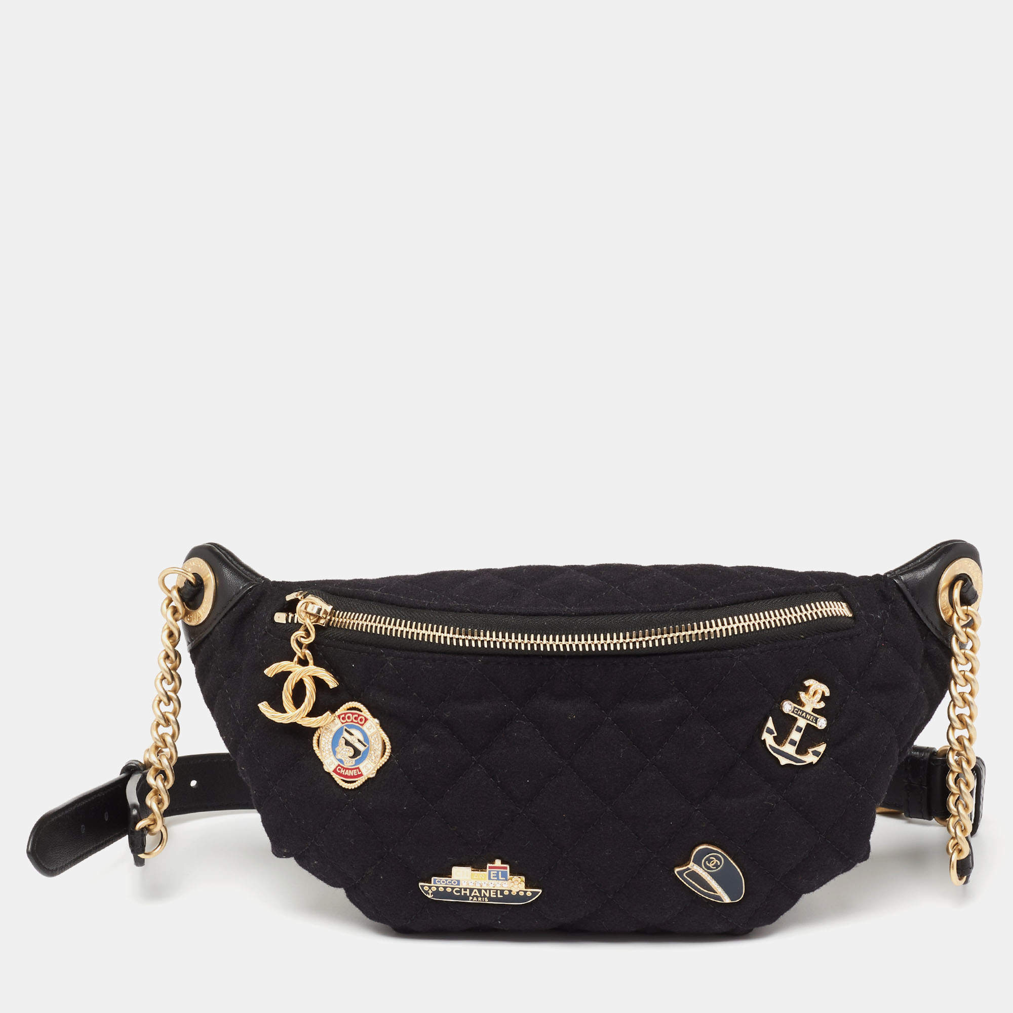 Pre Owned Chanel Black Quilted Fabric and Leather Paris Hamburg Charm Belt Bag