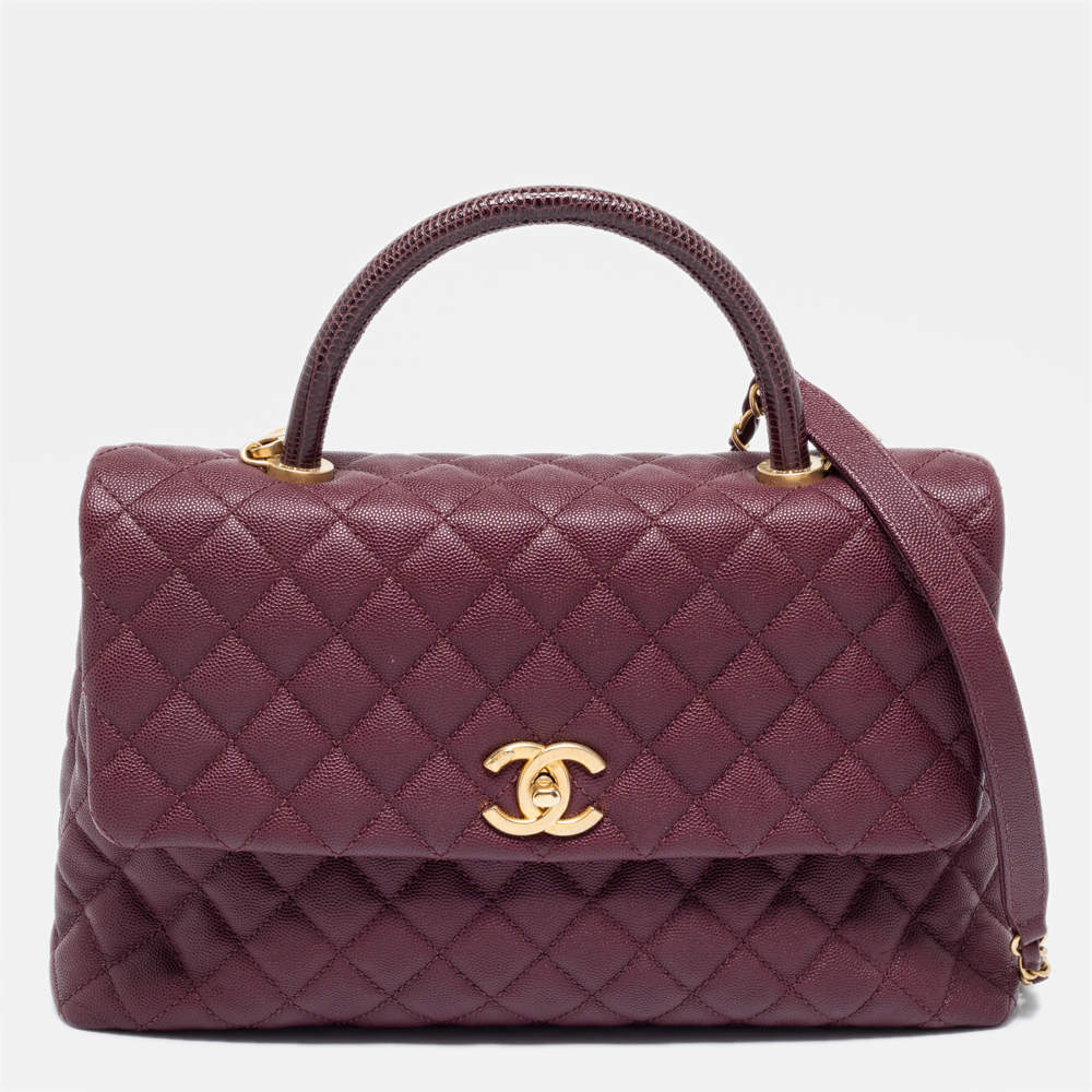 Pre Owned Chanel Burgundy Quilted Caviar Leather And Lizard Medium Coco Top Handle Bag