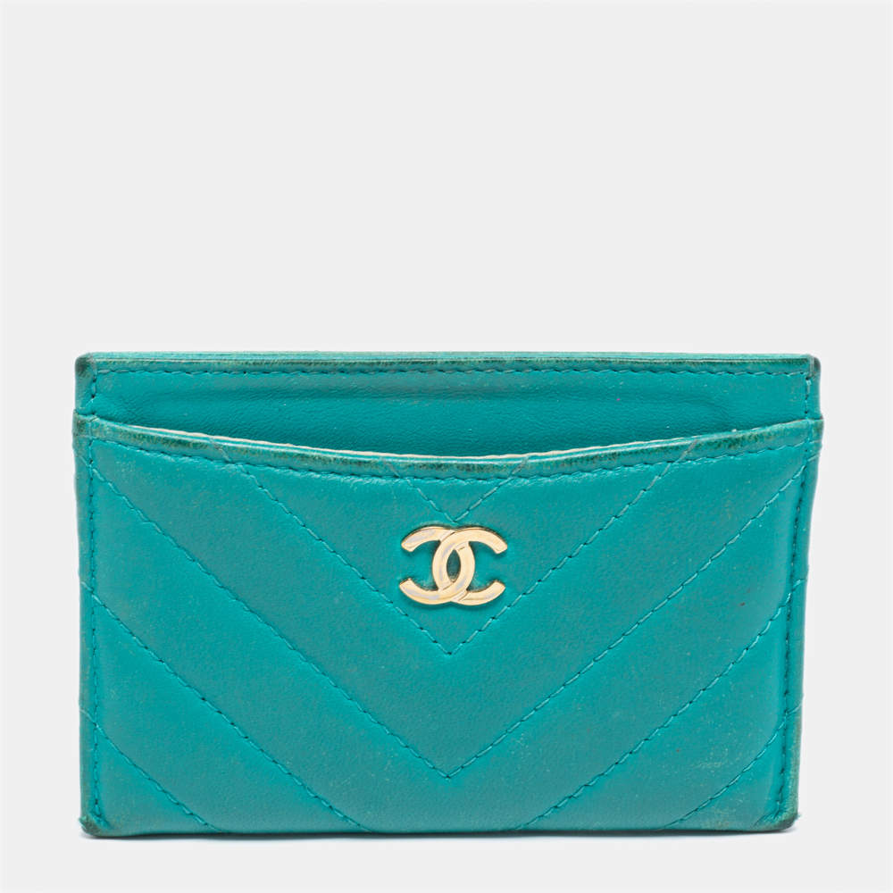 Chanel Teal Chevron Leather CC Card Holder Chanel The Luxury Closet