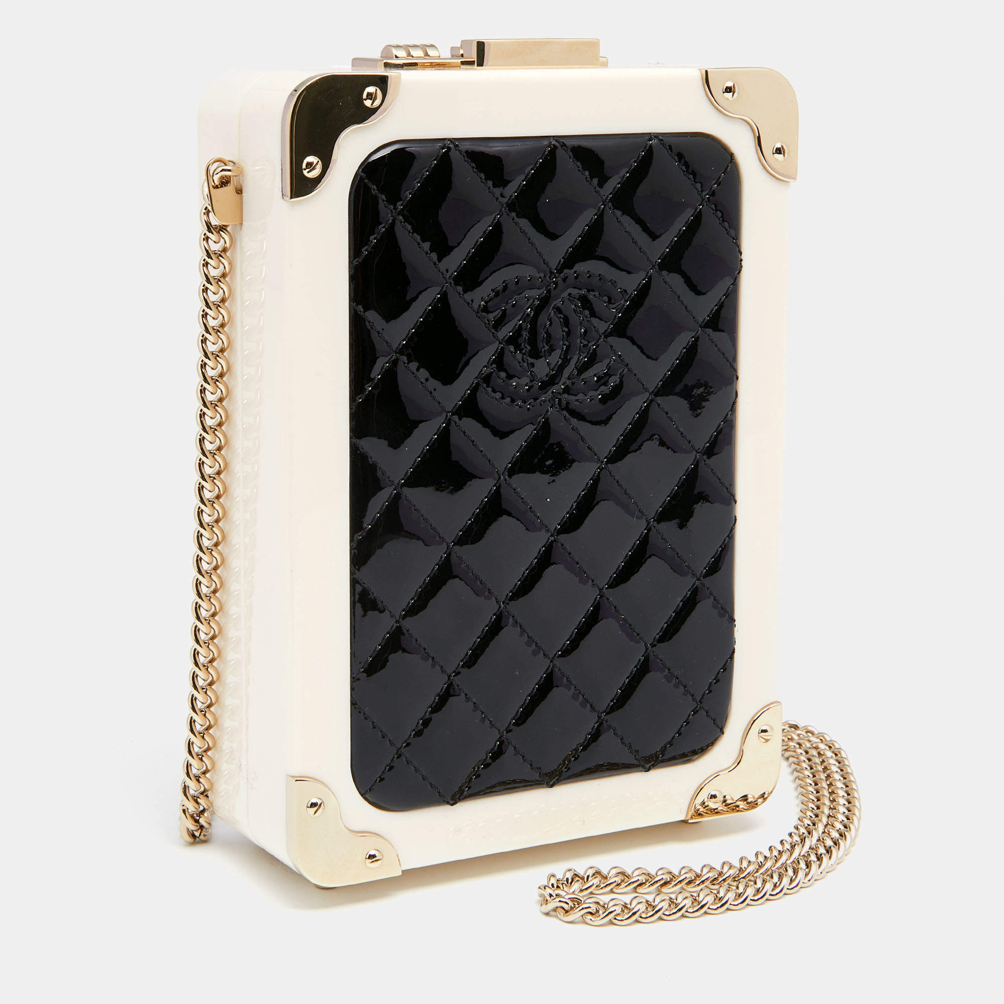 Chanel White/Black Quilted Patent Leather and Perspex Evening In The Air CC Trolley  Minaudière Chain Clutch Chanel