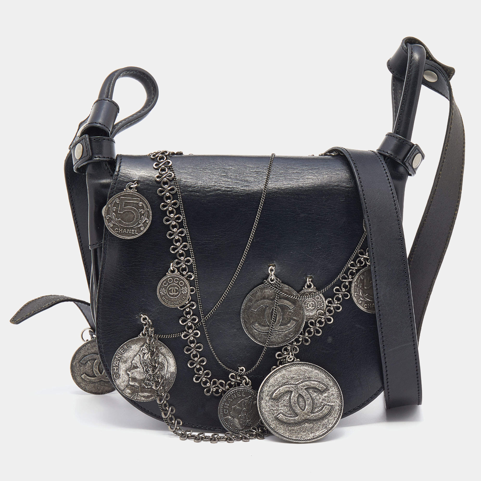 Chanel Black Leather Medallion Messenger Saddle Bag