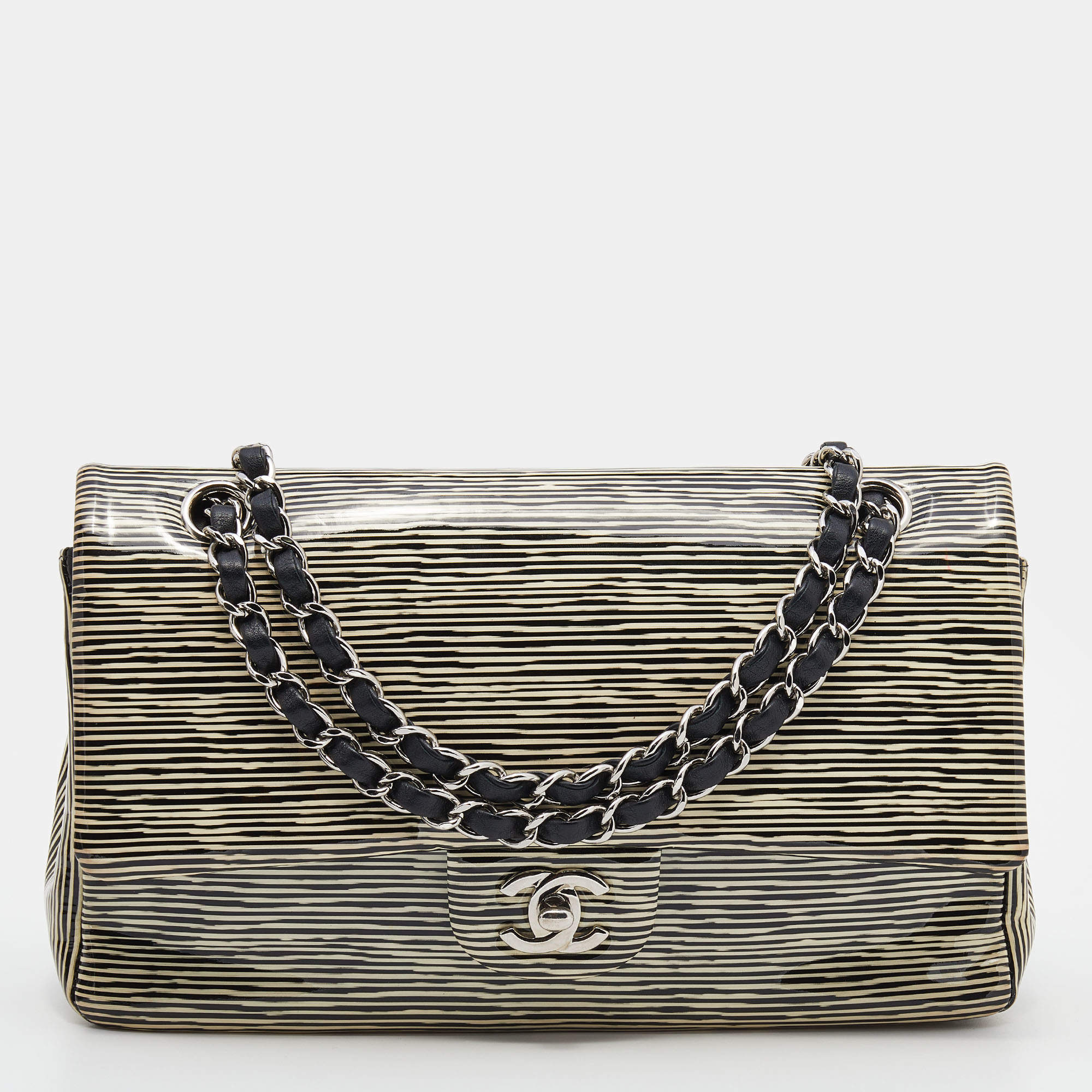 Pre Owned Chanel Black/White Striped Patent Leather Medium Classic Double Flap Bag