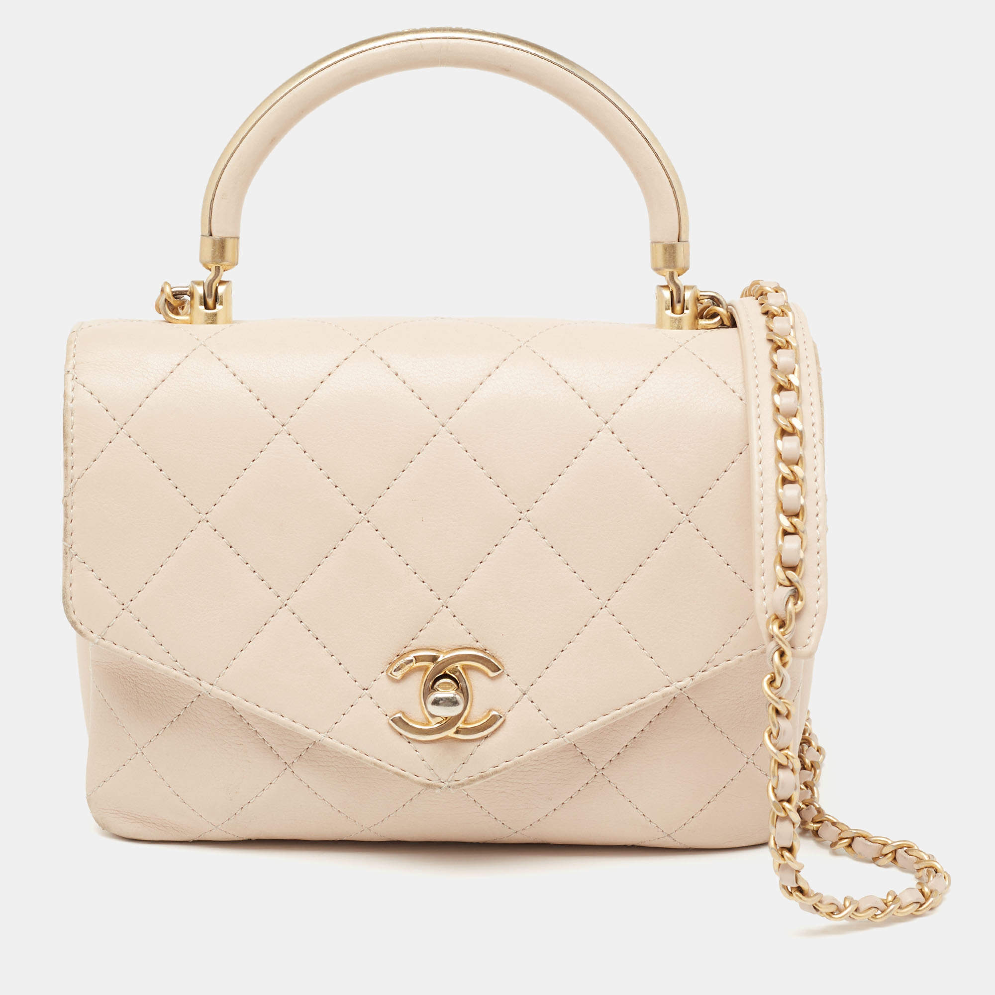 Pre Owned Chanel Beige Quilted Leather Small Gold Metal Top Handle Bag
