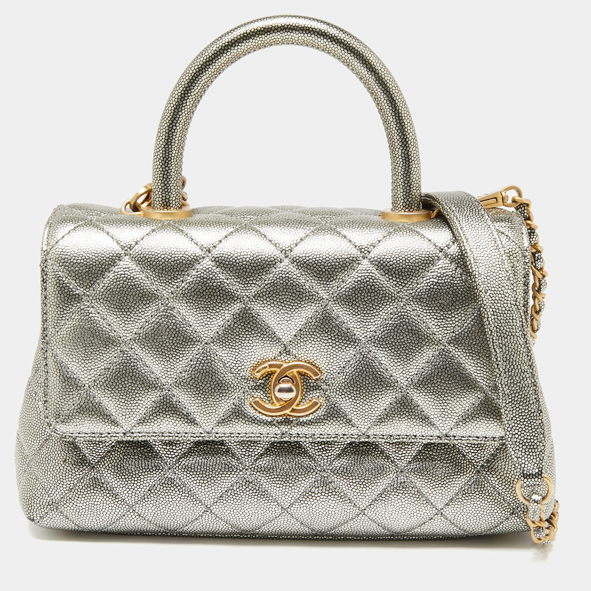 Pre Owned Chanel Metallic Caviar Leather Mini Coco Top Handle Bag