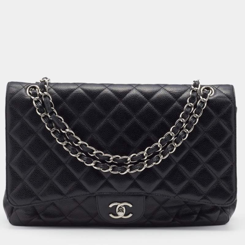 Pre Owned Chanel Black Quilted Caviar Leather Jumbo Classic Single Flap Bag