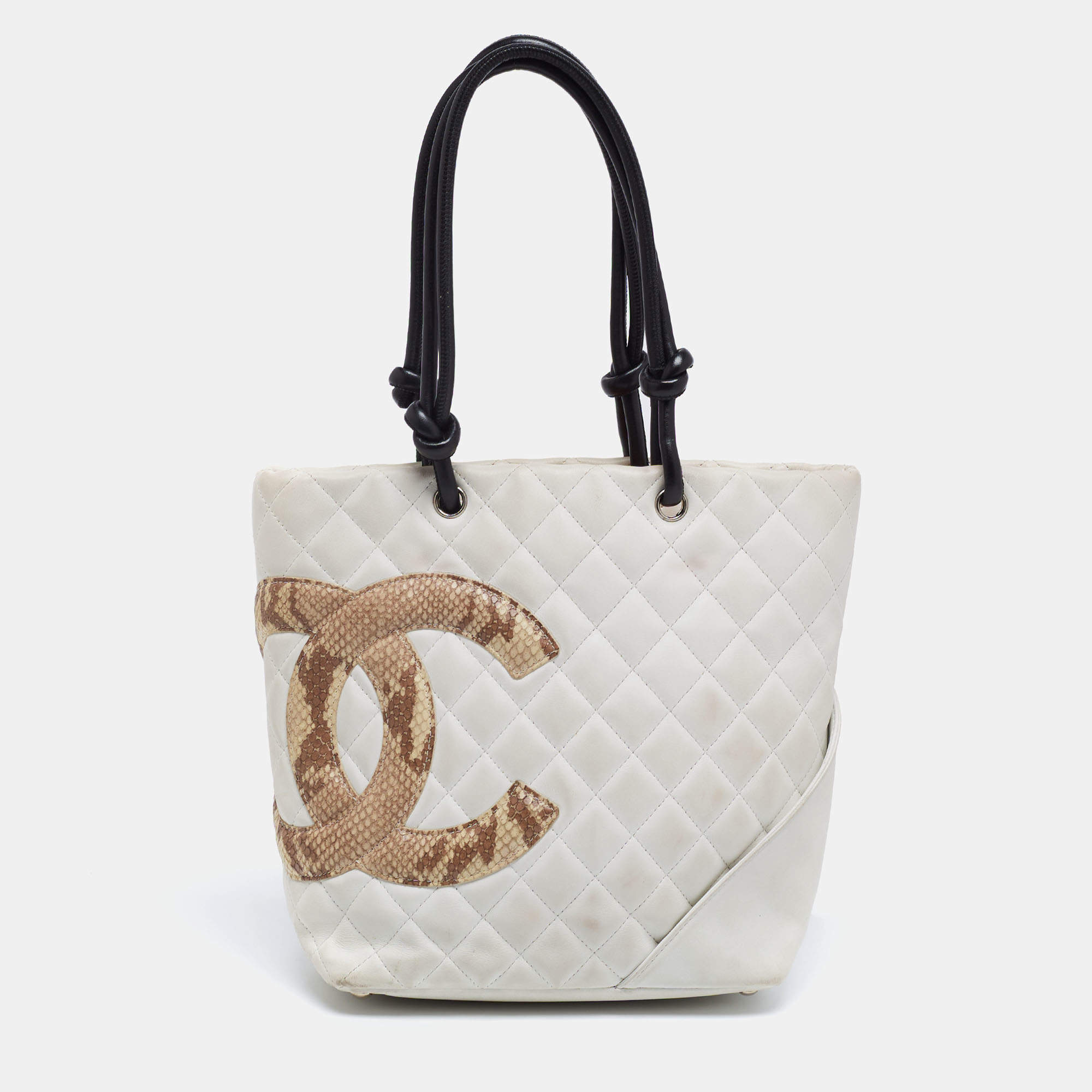 Pre Owned Chanel White/Black Quilted Leather and Python Embossed Small Ligne Cambon Tote