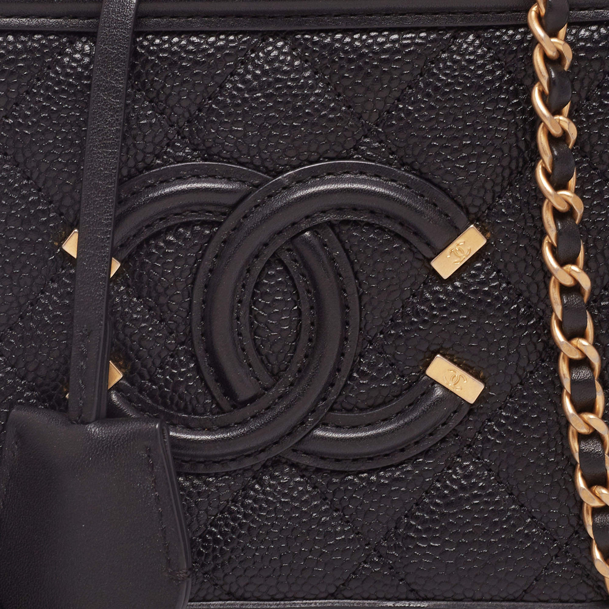 Chanel Black Quilted Caviar Leather Small CC Filigree Vanity Case