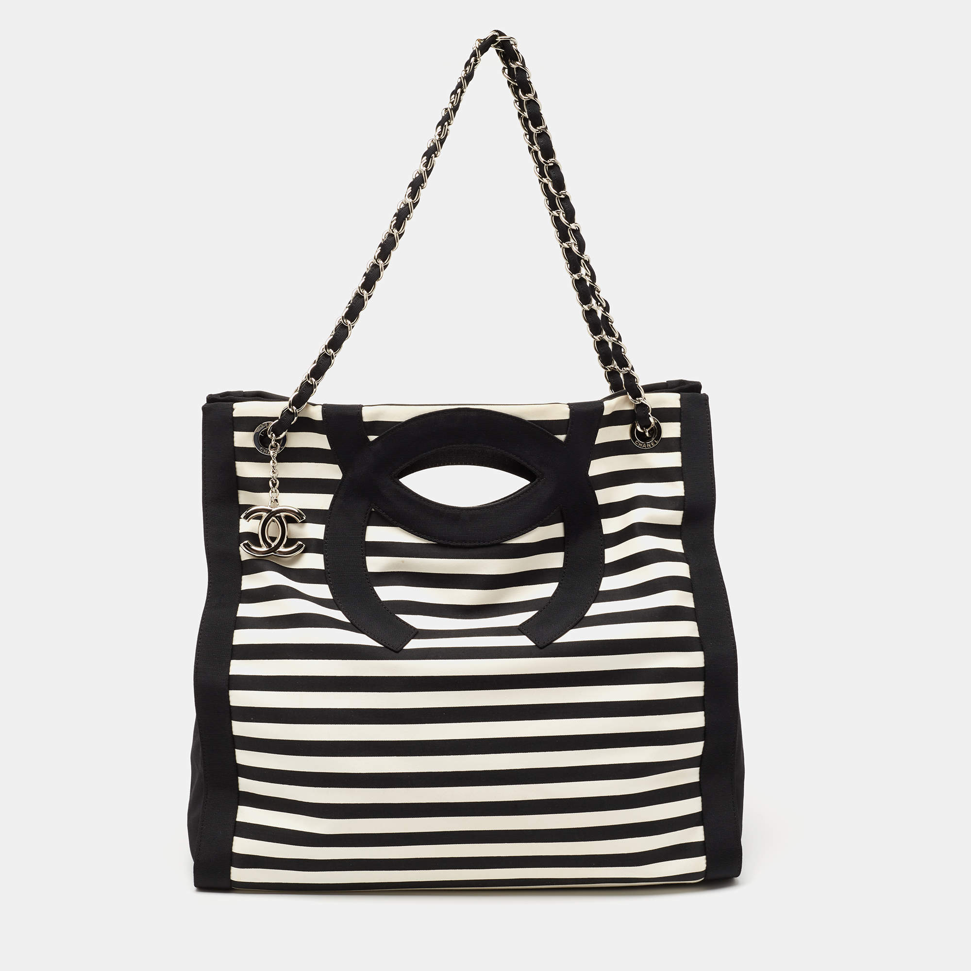 Chanel Vintage Chanel Jumbo XL Black x White Nylon Shopper Tote Bag