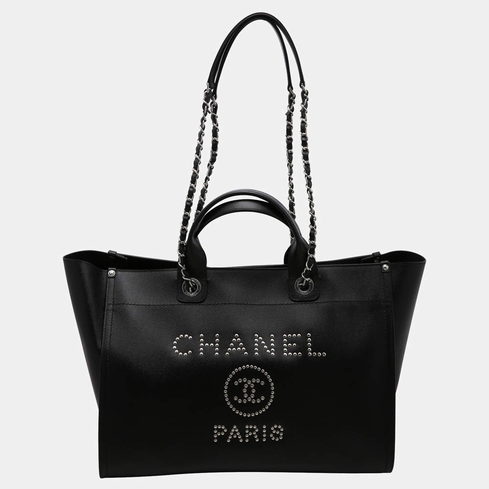 CHANEL Deauville Tote Large Black Caviar Studded with Brushed Gold Hardware  2019 at 1stDibs
