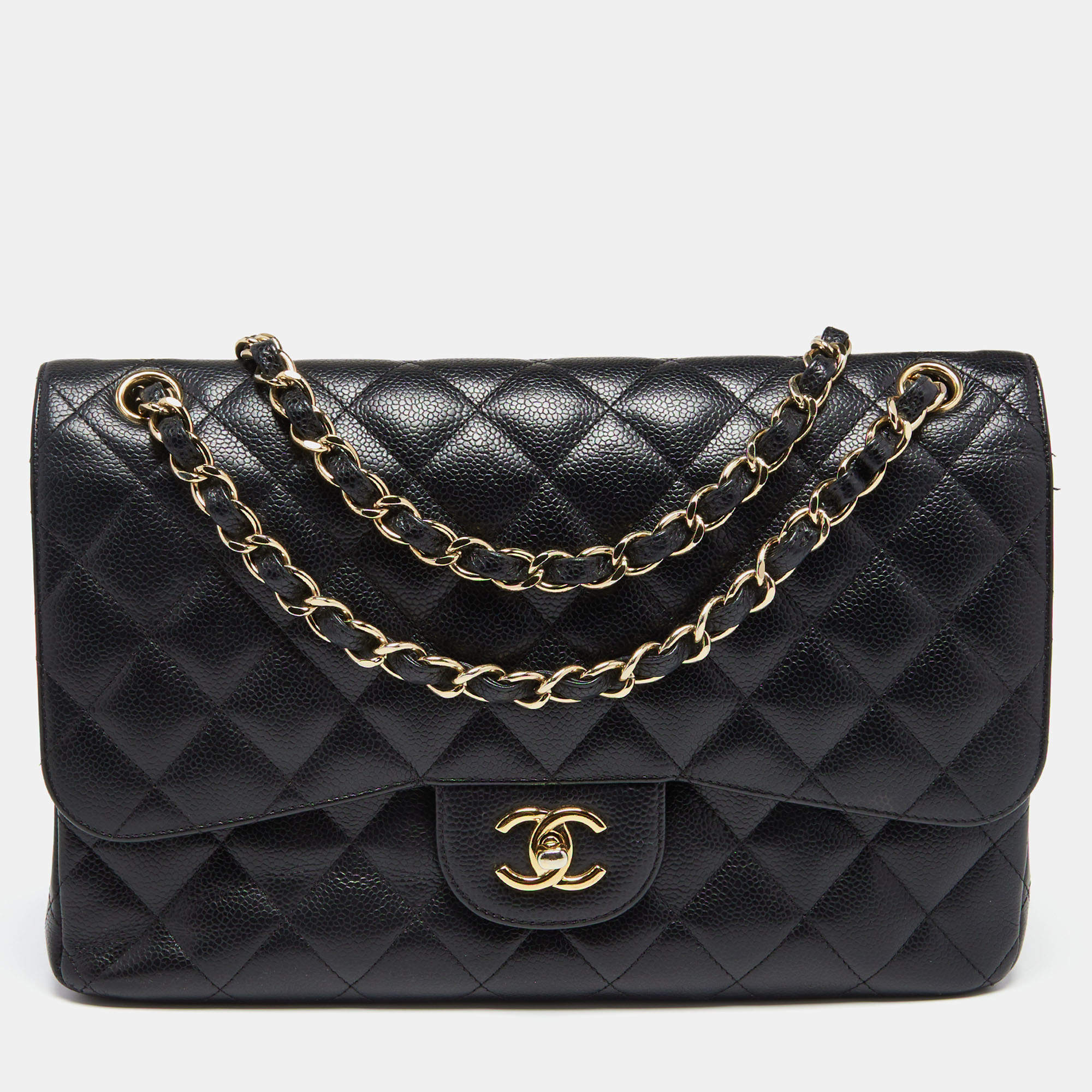 مملوكة مسبقًا Chanel Black Quilted Caviar Leather Jumbo Classic Double Flap Bag