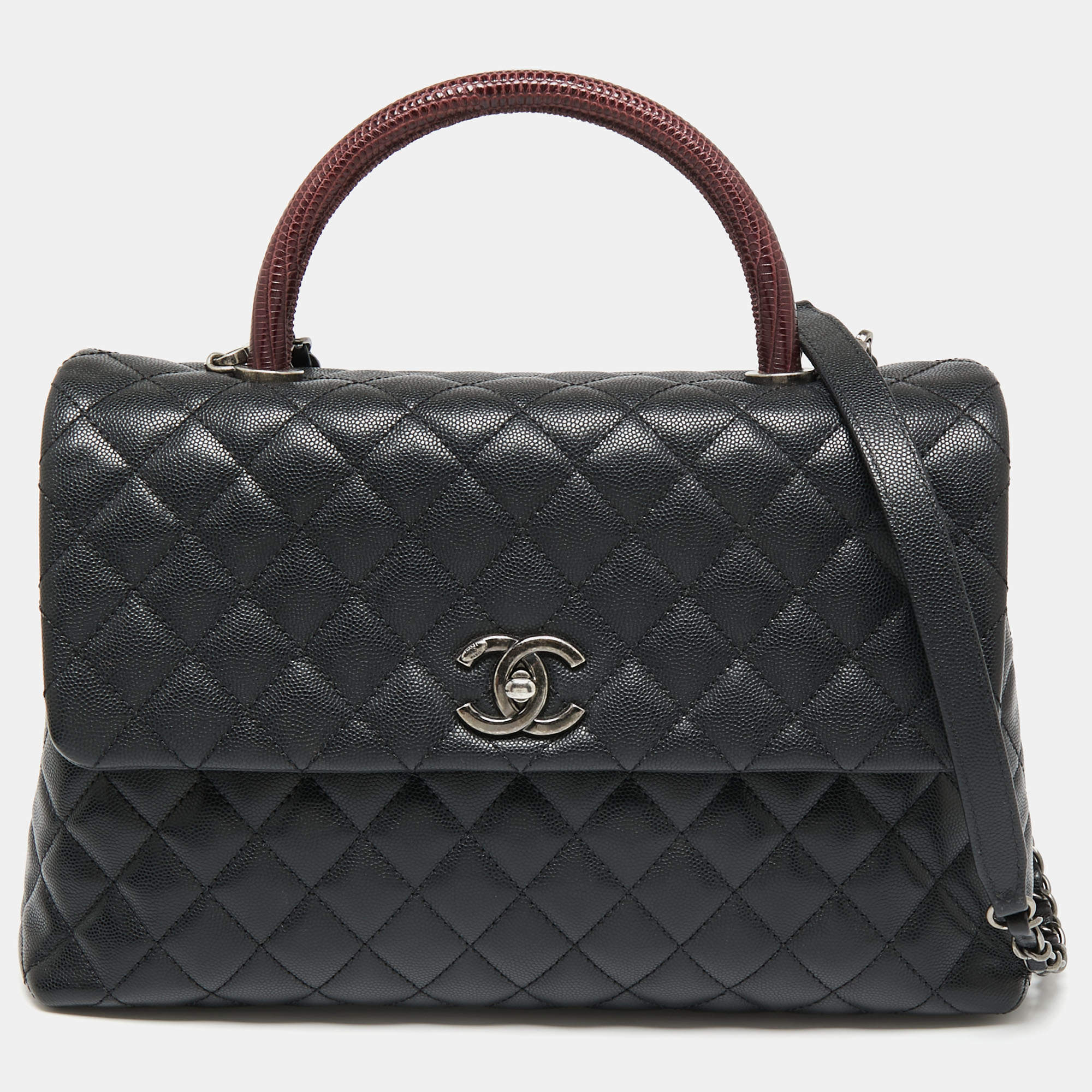 Pre Owned Chanel Black Caviar Leather Maxi Coco Top Handle Bag