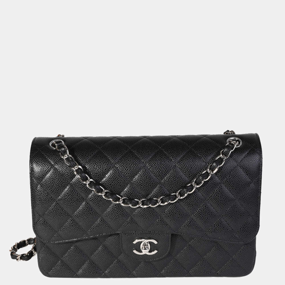 Pre Owned Chanel Black Quilted Caviar Leather Jumbo Classic Double Flap Shoulder Bag