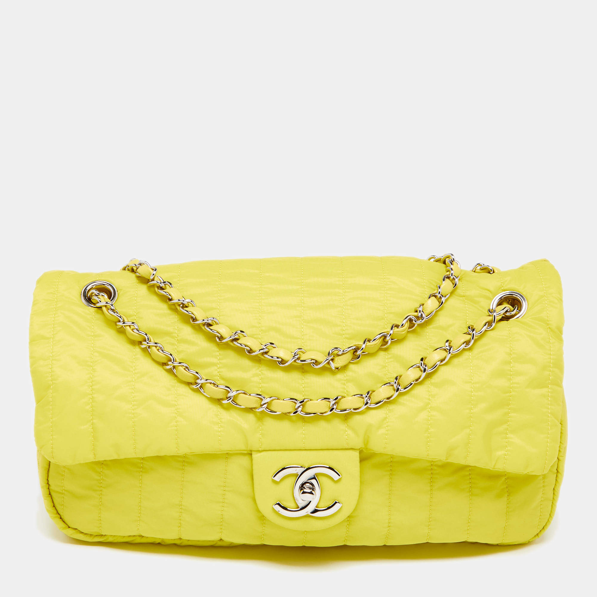 Chanel Lime Yellow Vertical Quilted Nylon Easy Flap Bag