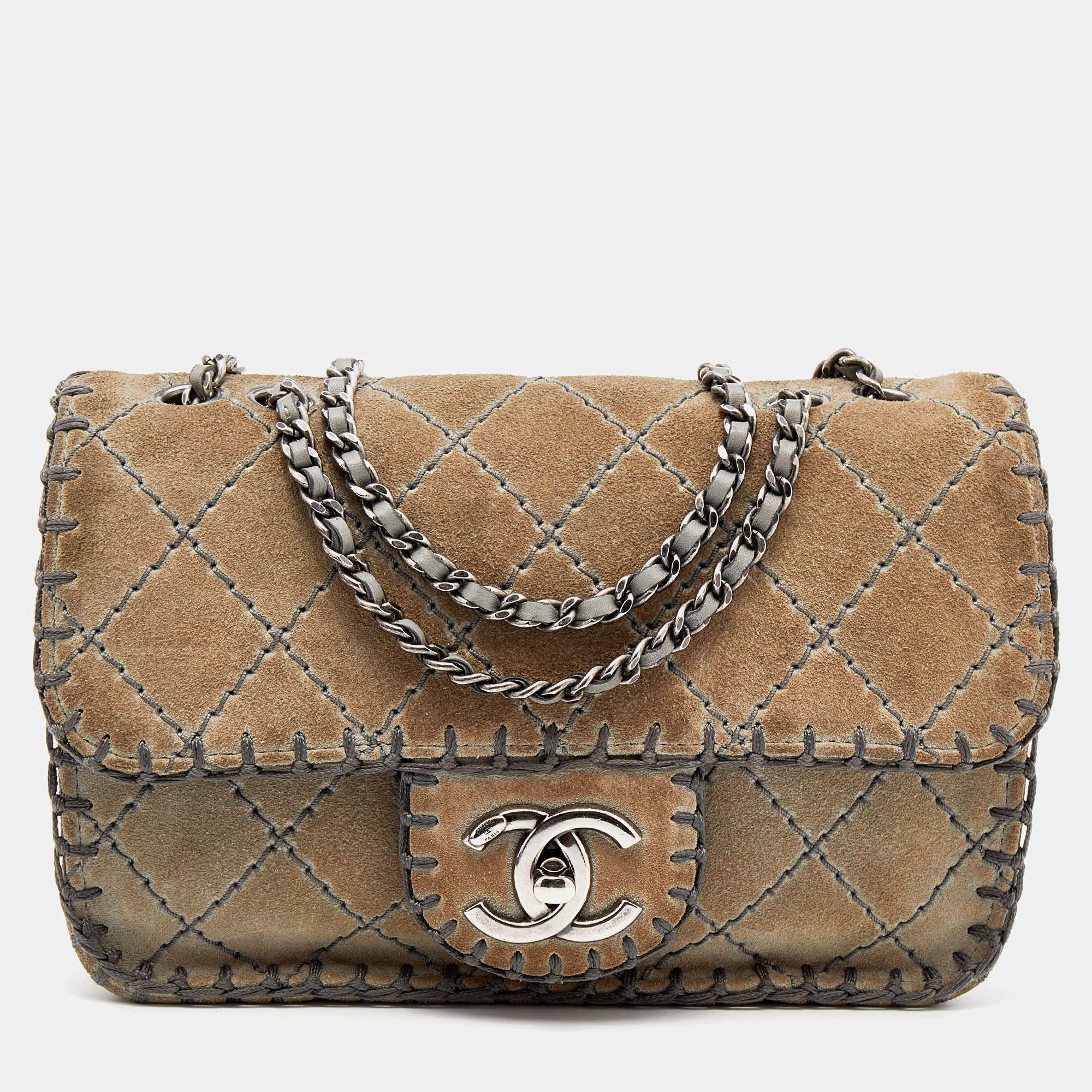 Chanel Grey Quilted Suede Whipstitch Small Flap Bag