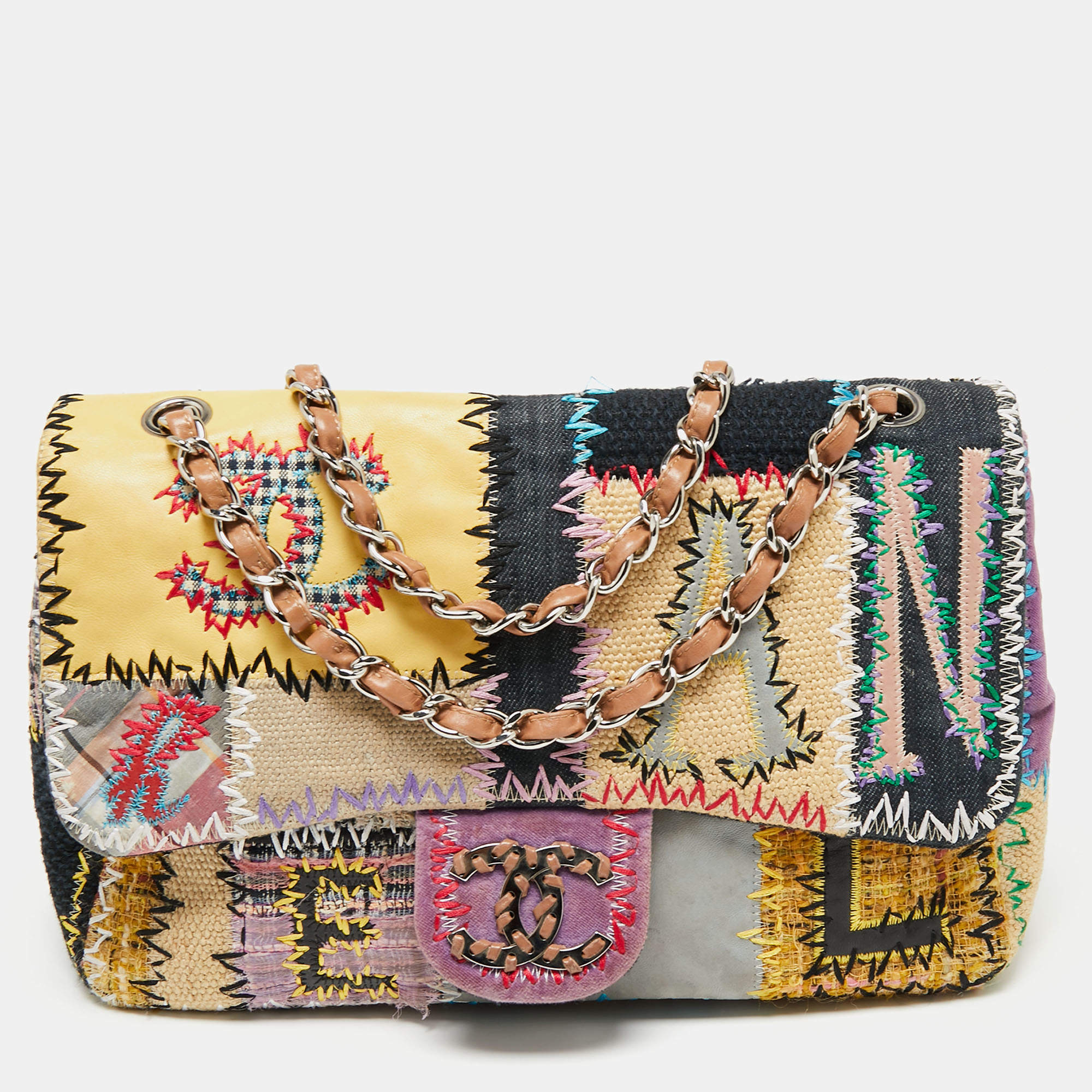 Pre Owned Chanel Multicolor Patchwork Jumbo Classic Single Flap Bag
