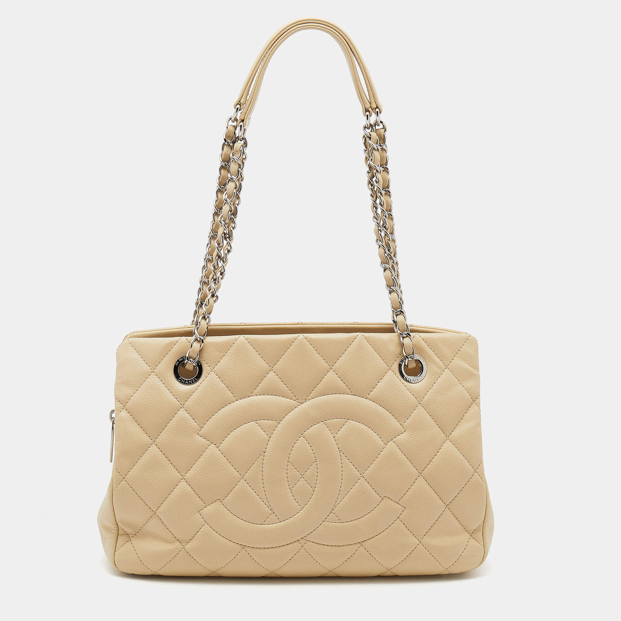 Pre Owned Chanel Cream Quilted Caviar Leather CC Timeless Shopper Tote