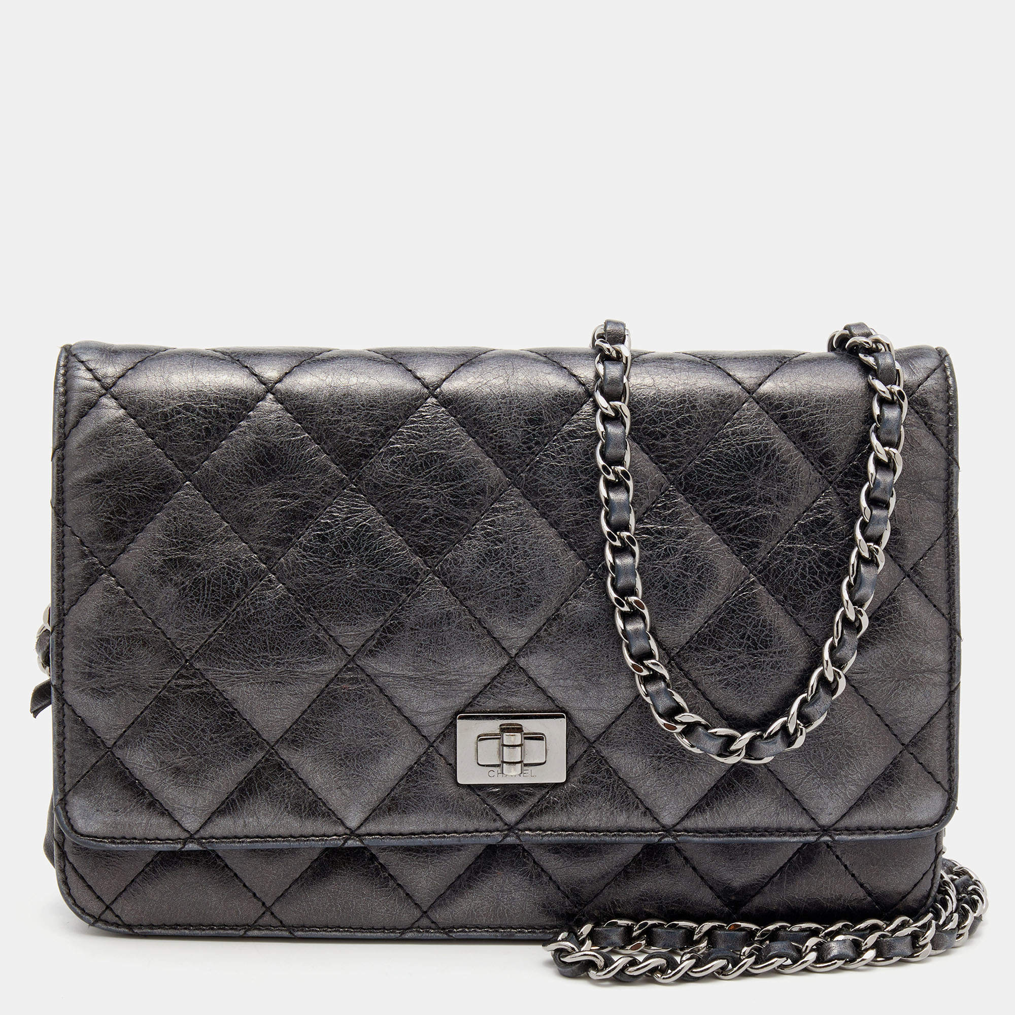 Chanel Metallic Grey Quilted Leather Reissue 2.55 Wallet On Chain