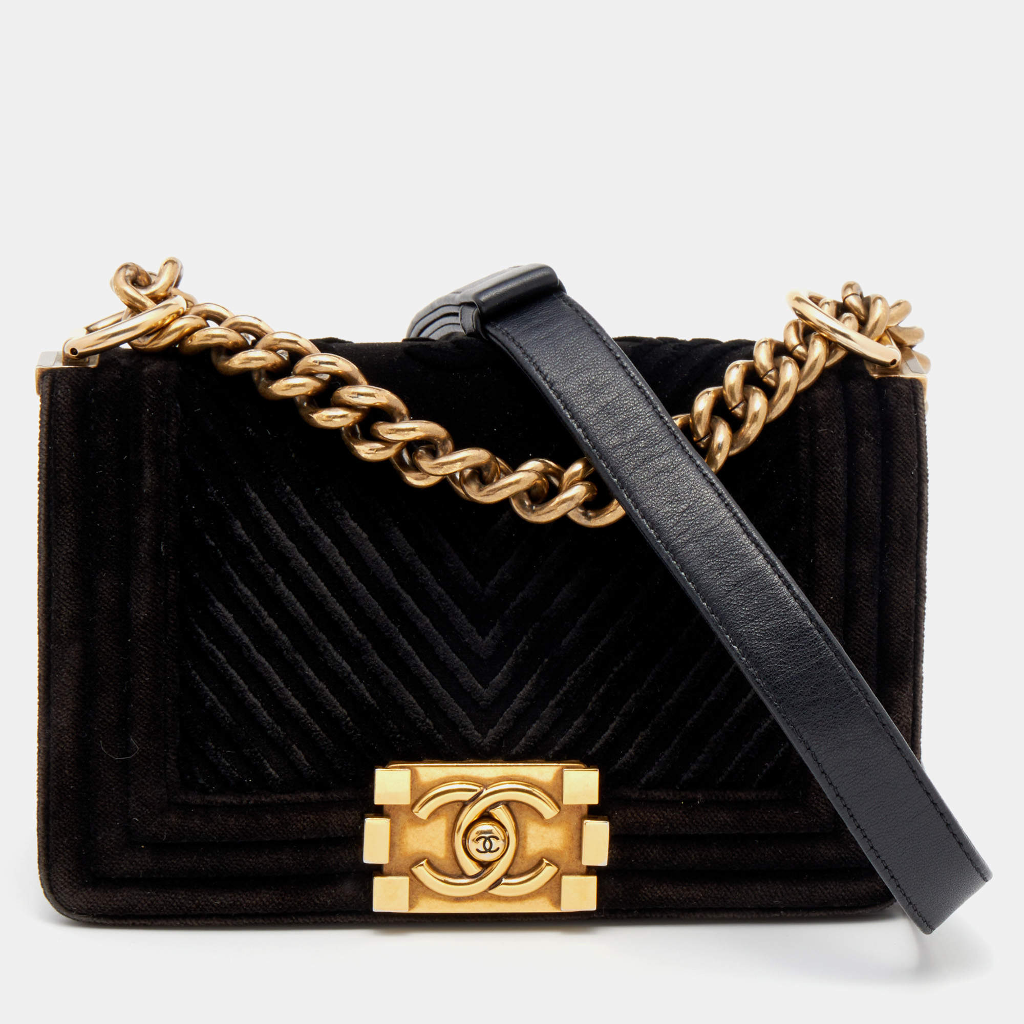 Chanel Black Chevron Velvet Small Boy Flap Bag Chanel