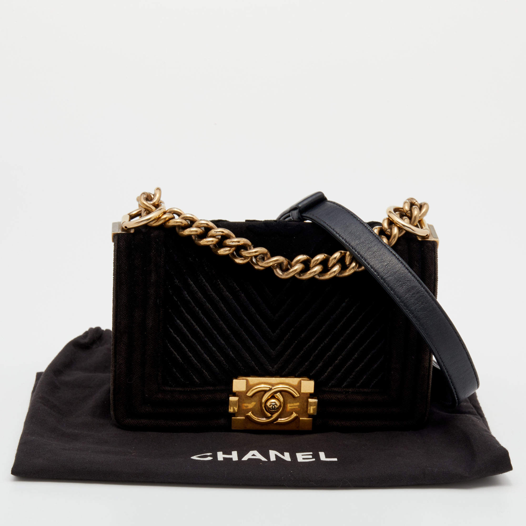 Chanel Black Chevron Velvet Small Boy Flap Bag Chanel